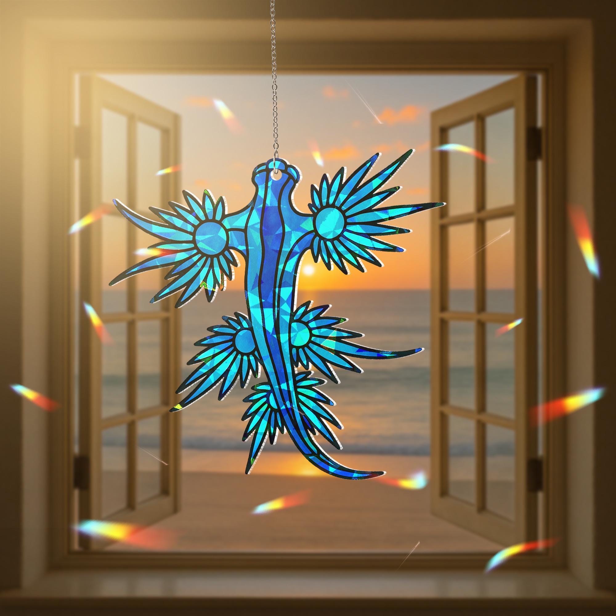 Blue Dragon Suncatcher, Holographic Acrylic Fantasy Sun Catcher, Sea Dragon Window Decor, Mythical Creature Gift for Dragon Lovers