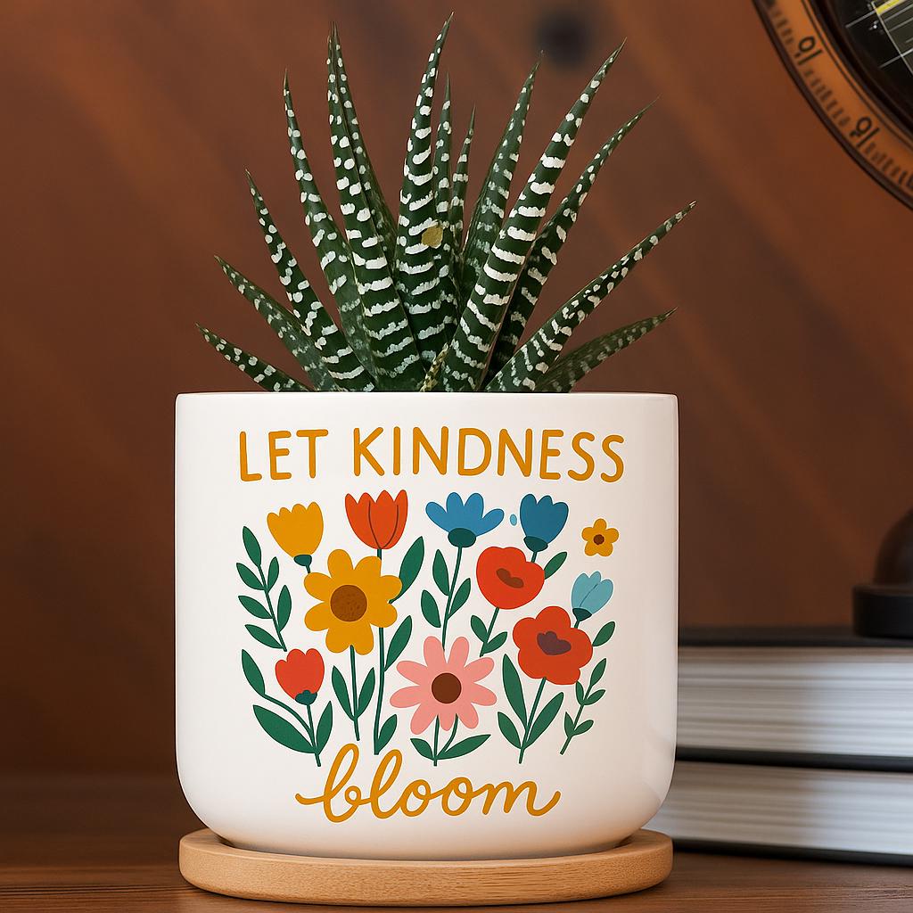 Let Kindness Bloom Planter – Colorful Floral Ceramic Pot with Succulent – Positive Quote Indoor Plant Decor – Gift for Her, Boho Plant Lover