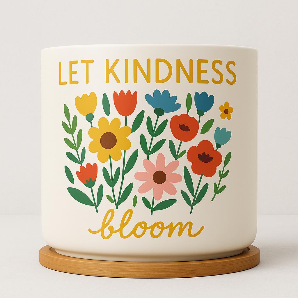 Let Kindness Bloom Planter – Colorful Floral Ceramic Pot with Succulent – Positive Quote Indoor Plant Decor – Gift for Her, Boho Plant Lover