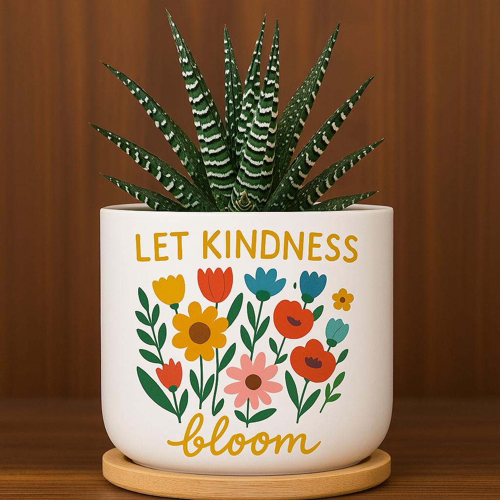 Let Kindness Bloom Planter – Colorful Floral Ceramic Pot with Succulent – Positive Quote Indoor Plant Decor – Gift for Her, Boho Plant Lover