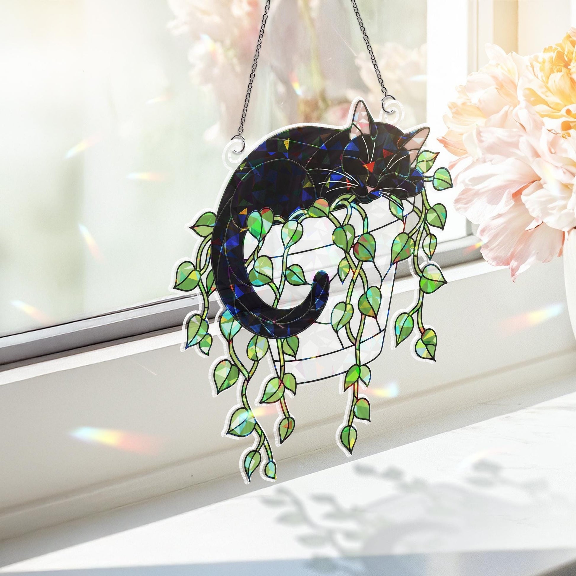 Holographic Cat Suncatcher, Trailing Vines Plant Decor, Black Cat in Planter, Acrylic Window Hanging for Cat Moms & Plant Lovers