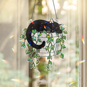 Holographic Cat Suncatcher, Trailing Vines Plant Decor, Black Cat in Planter, Acrylic Window Hanging for Cat Moms & Plant Lovers