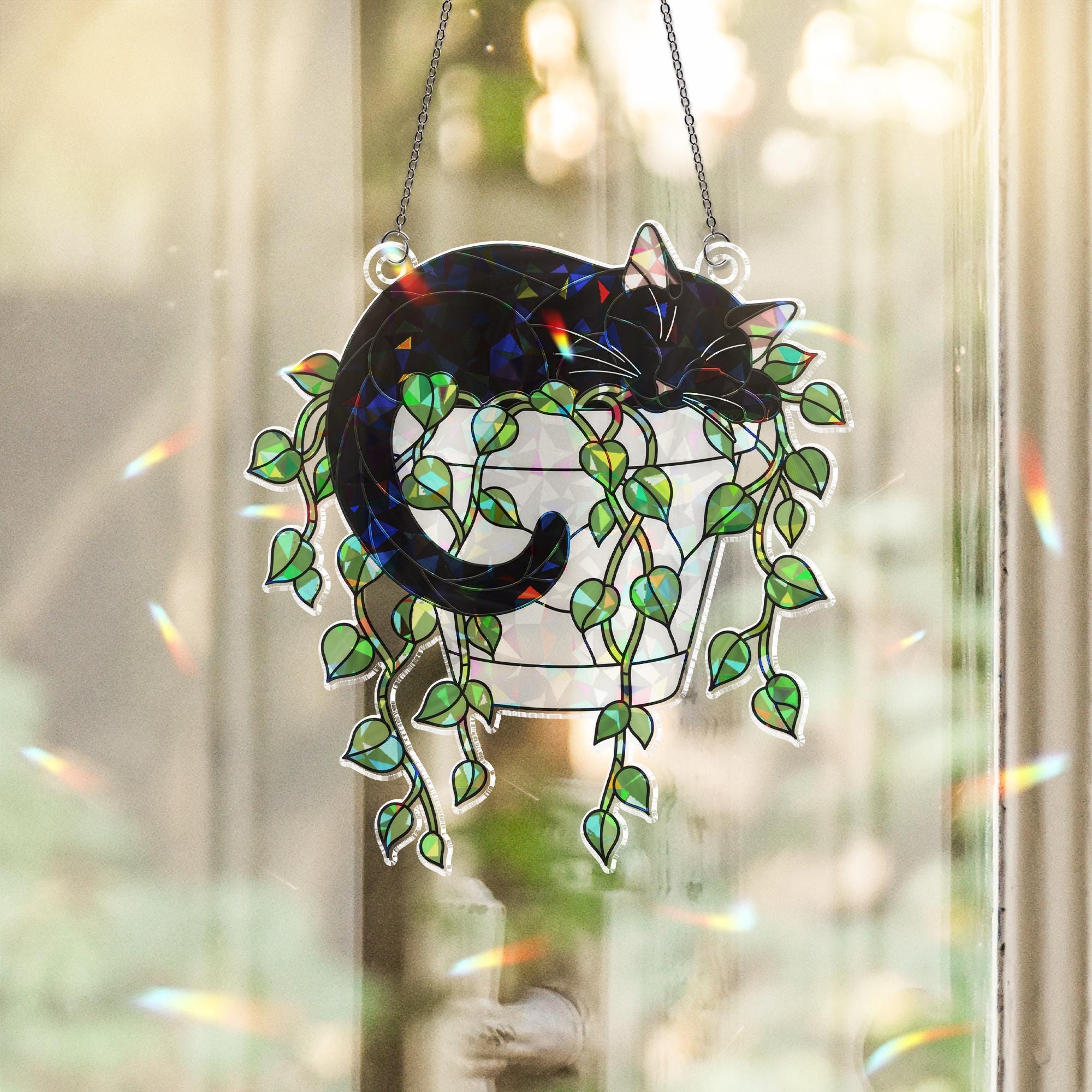 Holographic Cat Suncatcher, Trailing Vines Plant Decor, Black Cat in Planter, Acrylic Window Hanging for Cat Moms & Plant Lovers