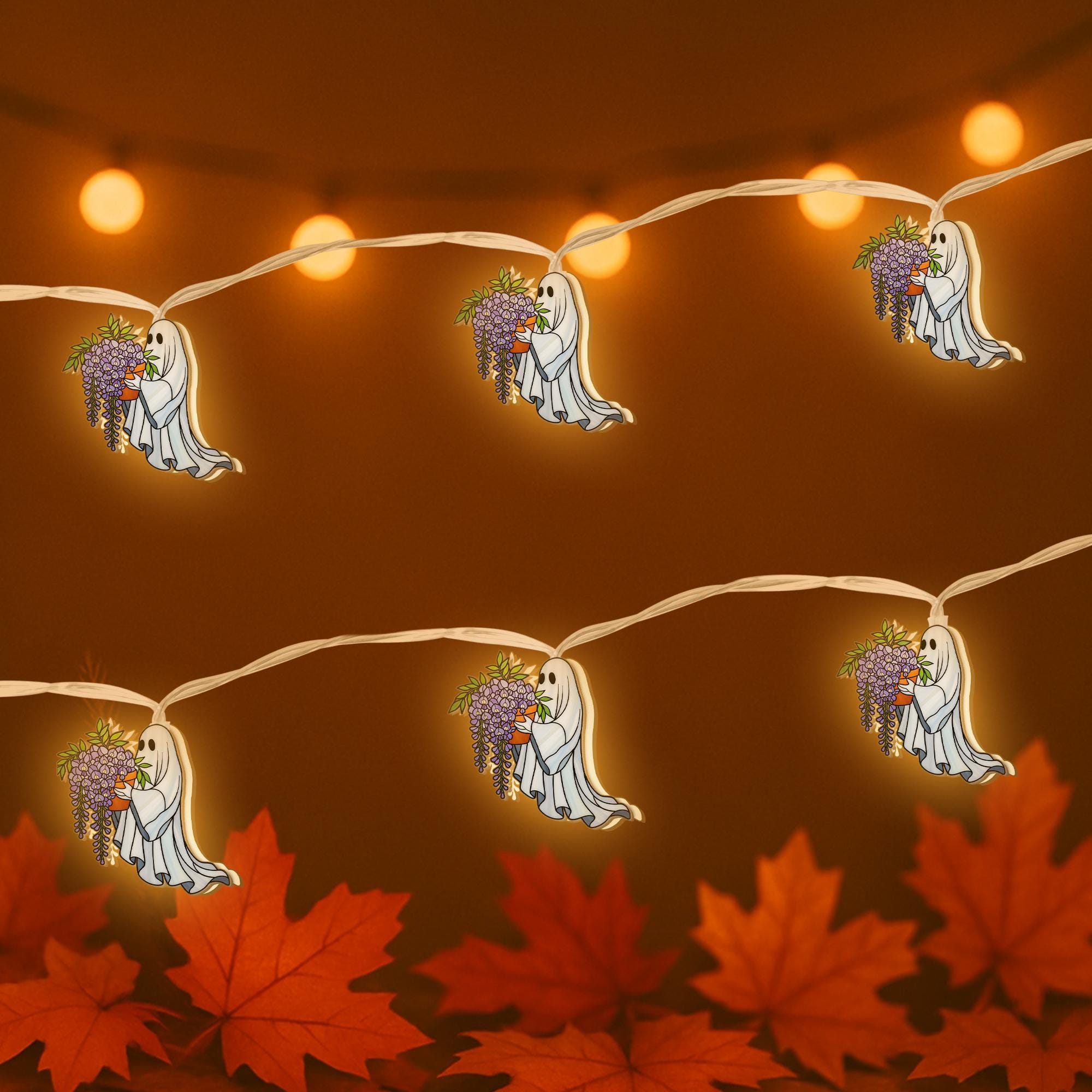 Ghost Wisteria String Lights, Spooky Cute LED Garland, Trailing Vines Halloween Decor, Cottagecore Ghost Fairy Lights, Plant Lover Gift