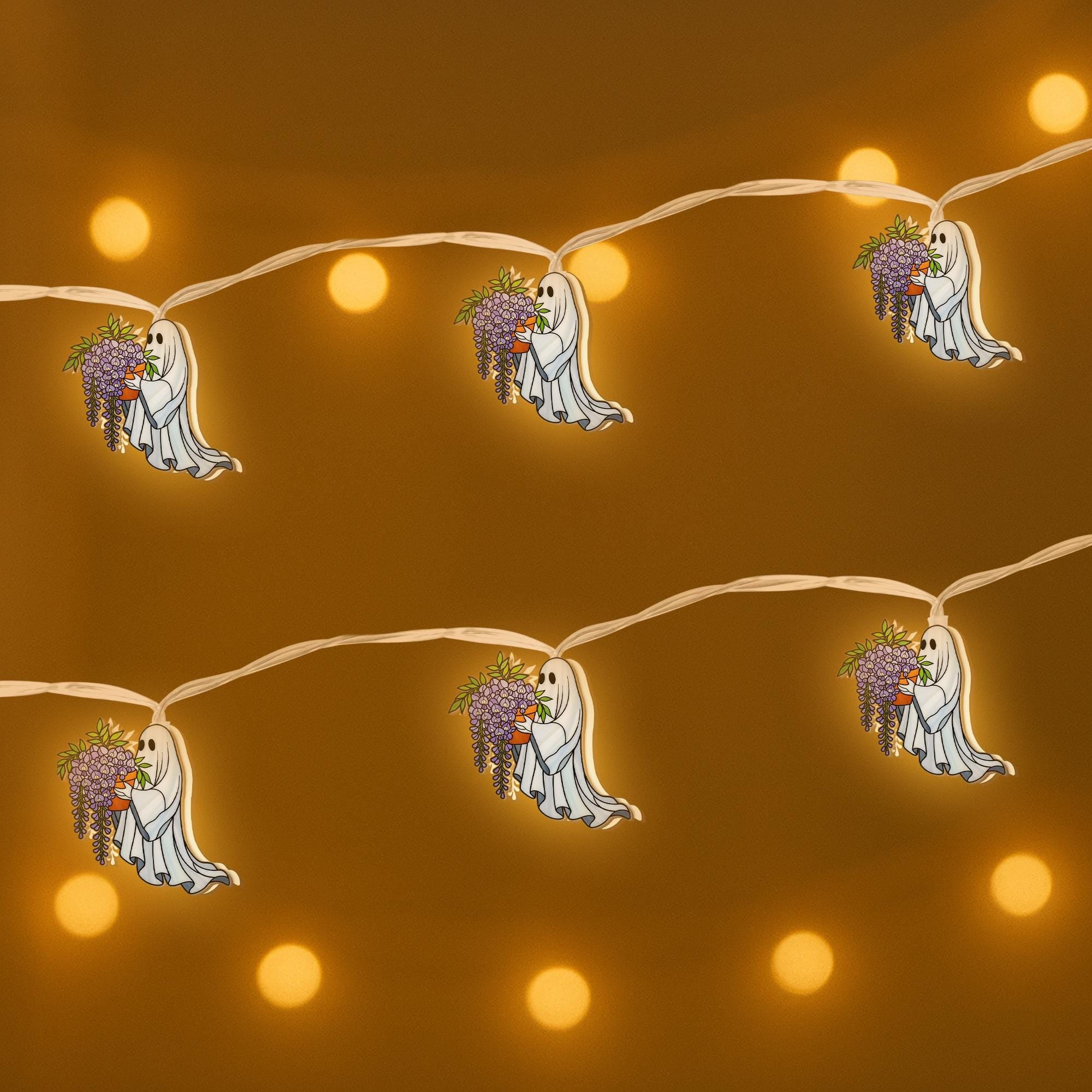 Ghost Wisteria String Lights, Spooky Cute LED Garland, Trailing Vines Halloween Decor, Cottagecore Ghost Fairy Lights, Plant Lover Gift