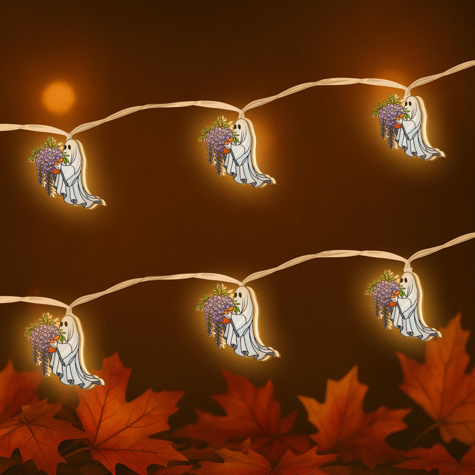 Ghost Wisteria String Lights, Spooky Cute LED Garland, Trailing Vines Halloween Decor, Cottagecore Ghost Fairy Lights, Plant Lover Gift