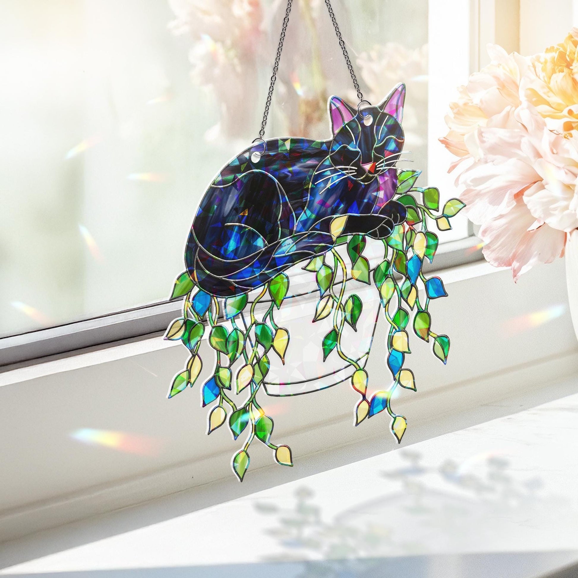 Holographic Cat Suncatcher, Black Cat in Hanging Pot, Acrylic Window Decor with Trailing Vines, Cottagecore Plant Lover Gift