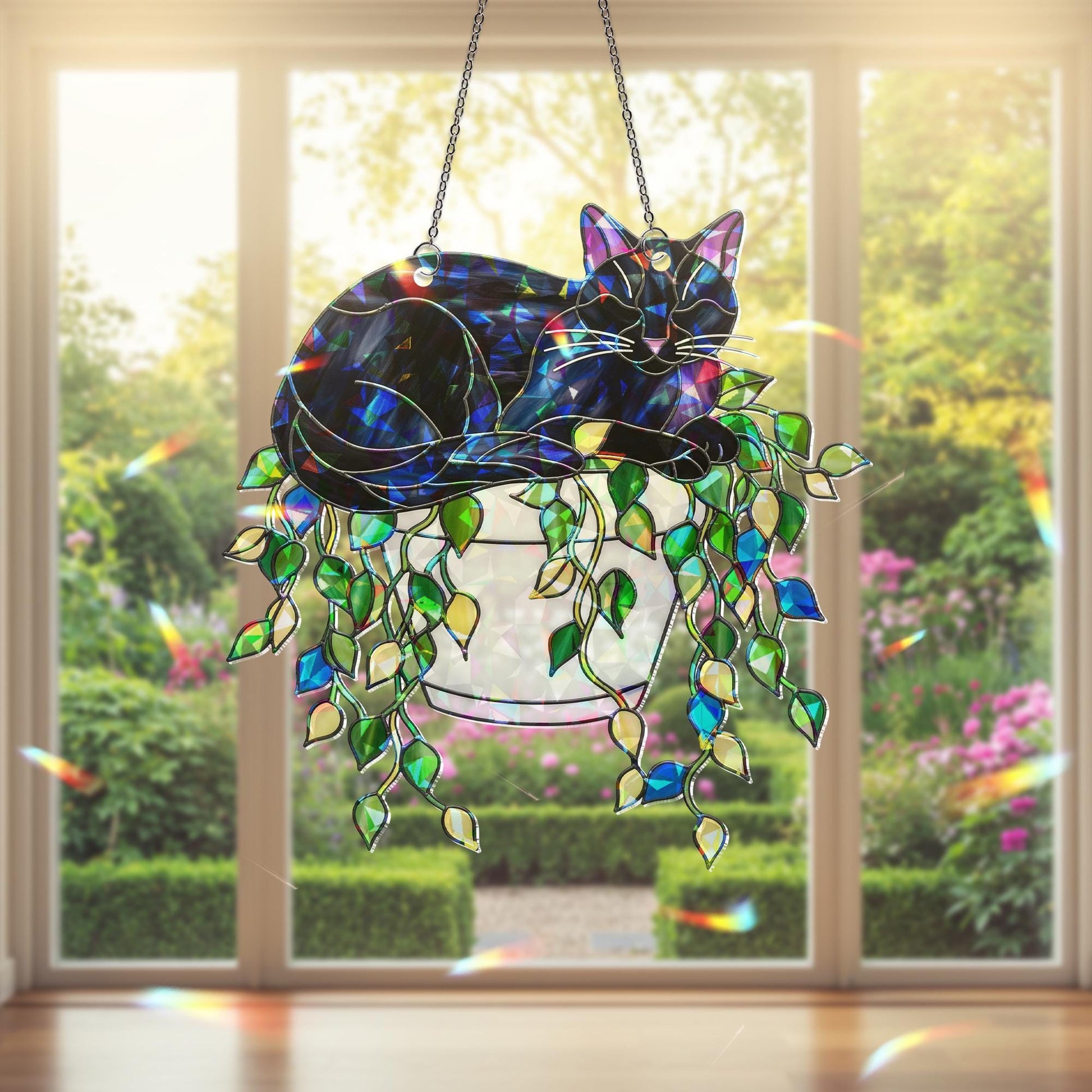 Holographic Cat Suncatcher, Black Cat in Hanging Pot, Acrylic Window Decor with Trailing Vines, Cottagecore Plant Lover Gift