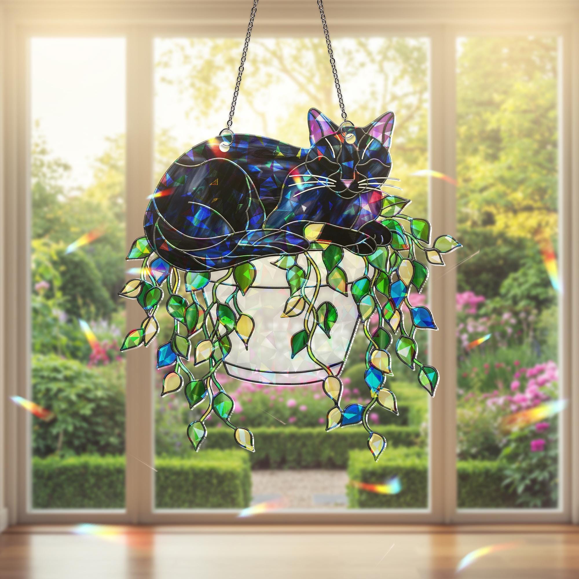 Holographic Cat Suncatcher, Black Cat in Hanging Pot, Acrylic Window Decor with Trailing Vines, Cottagecore Plant Lover Gift