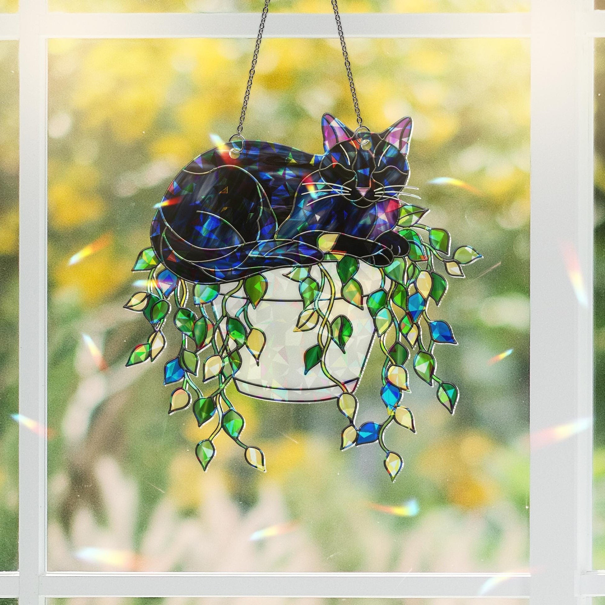 Holographic Cat Suncatcher, Black Cat in Hanging Pot, Acrylic Window Decor with Trailing Vines, Cottagecore Plant Lover Gift