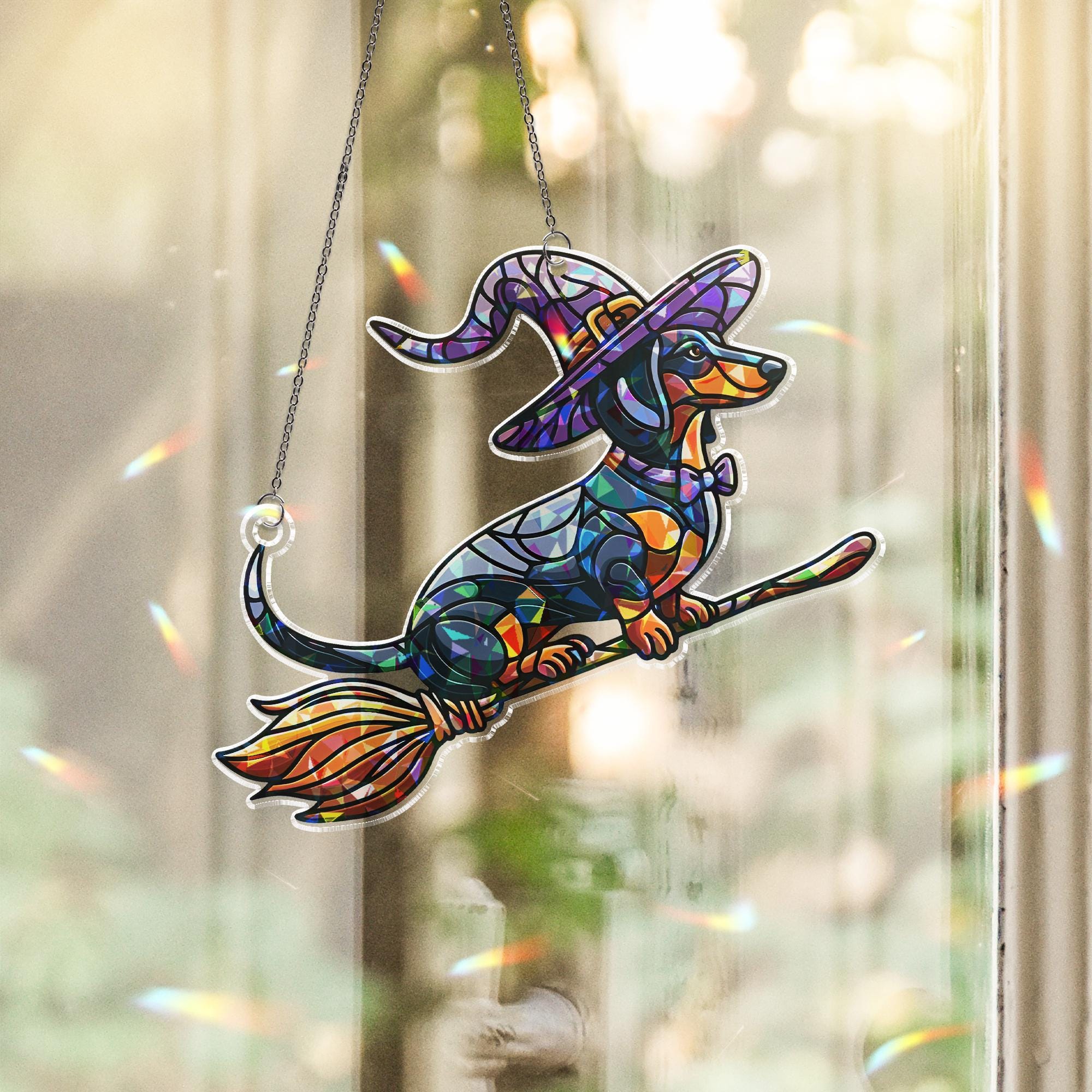 Witchy Dachshund Suncatcher, Holographic Acrylic Halloween Window Decor, Flying Sausage Dog on Broom, Cute Spooky Pup Gift