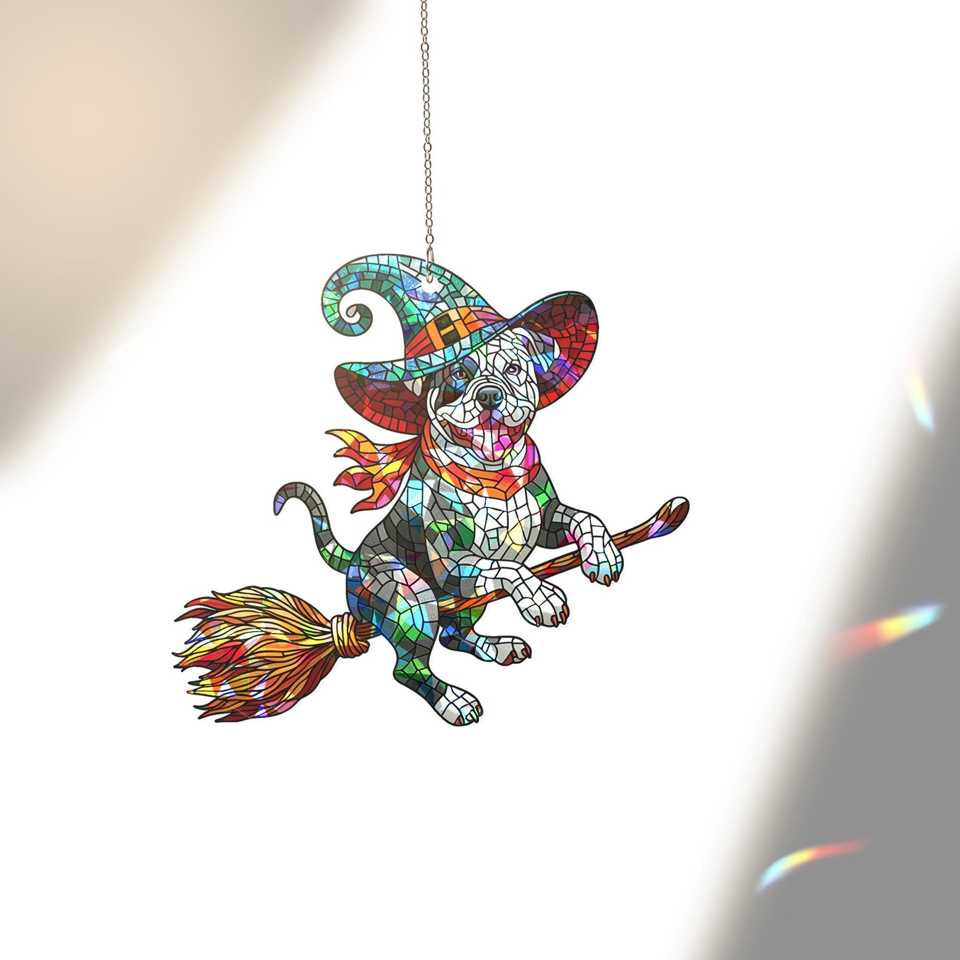 Flying Pitbull Witch Suncatcher, Holographic Acrylic Halloween Window Decor, Magical Dog on Broom, Spooky Cute Pitbull Gift