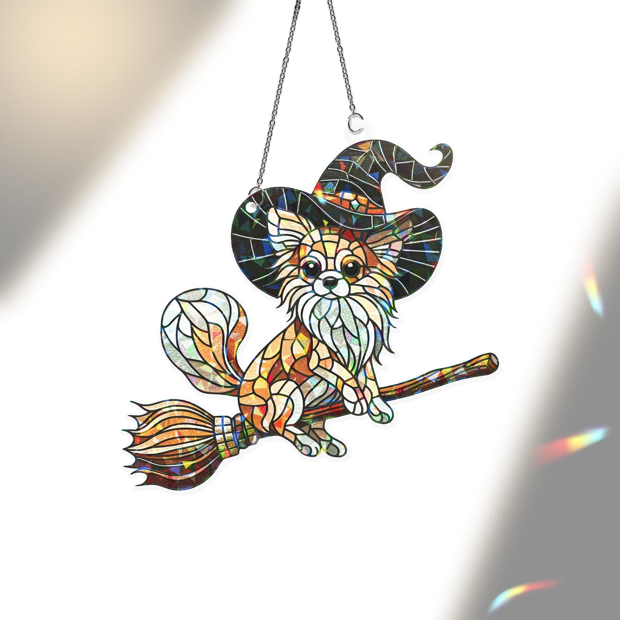 Flying Chihuahua Witch Suncatcher, Holographic Acrylic Halloween Window Decor, Magical Dog on Broom, Spooky Cute Chihuahua Gift