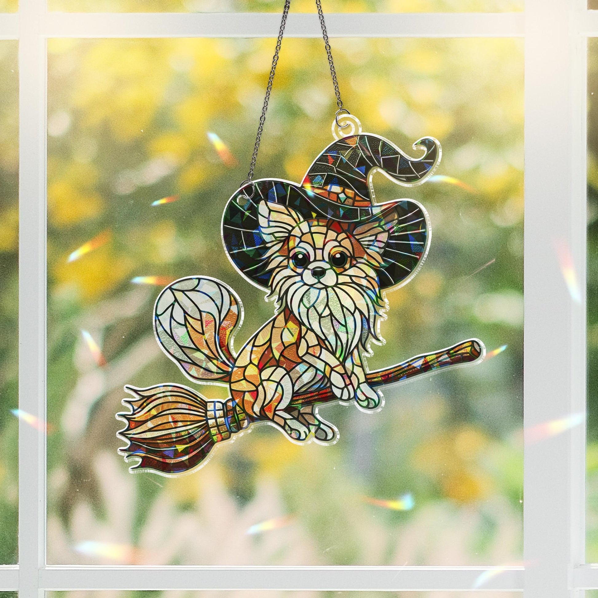 Flying Chihuahua Witch Suncatcher, Holographic Acrylic Halloween Window Decor, Magical Dog on Broom, Spooky Cute Chihuahua Gift