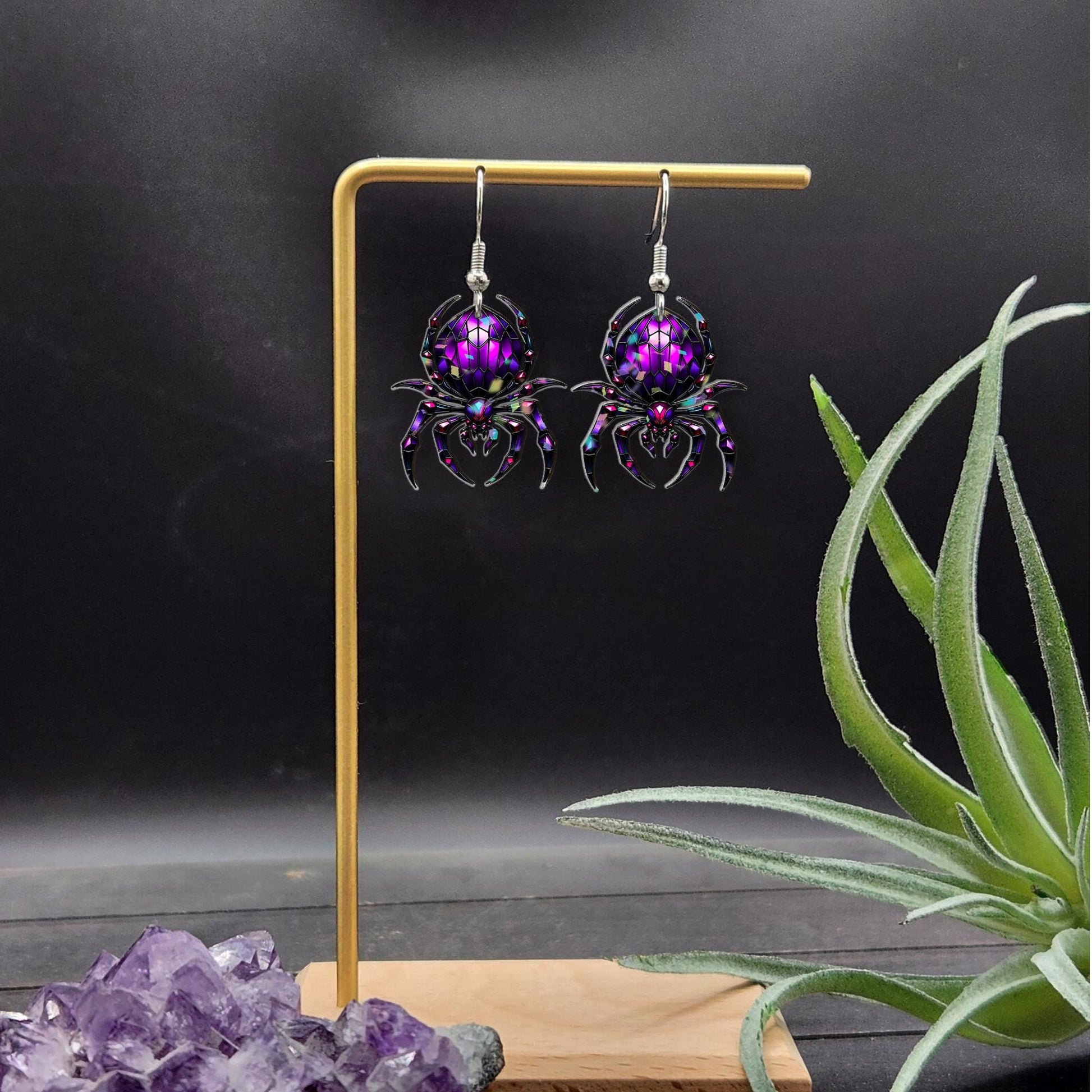 Purple Gem Spider Earrings, Gothic Crystal Spider Dangle, Spooky Witchy Halloween Jewelry, Creepy Cute Goth Statement Gift for Her