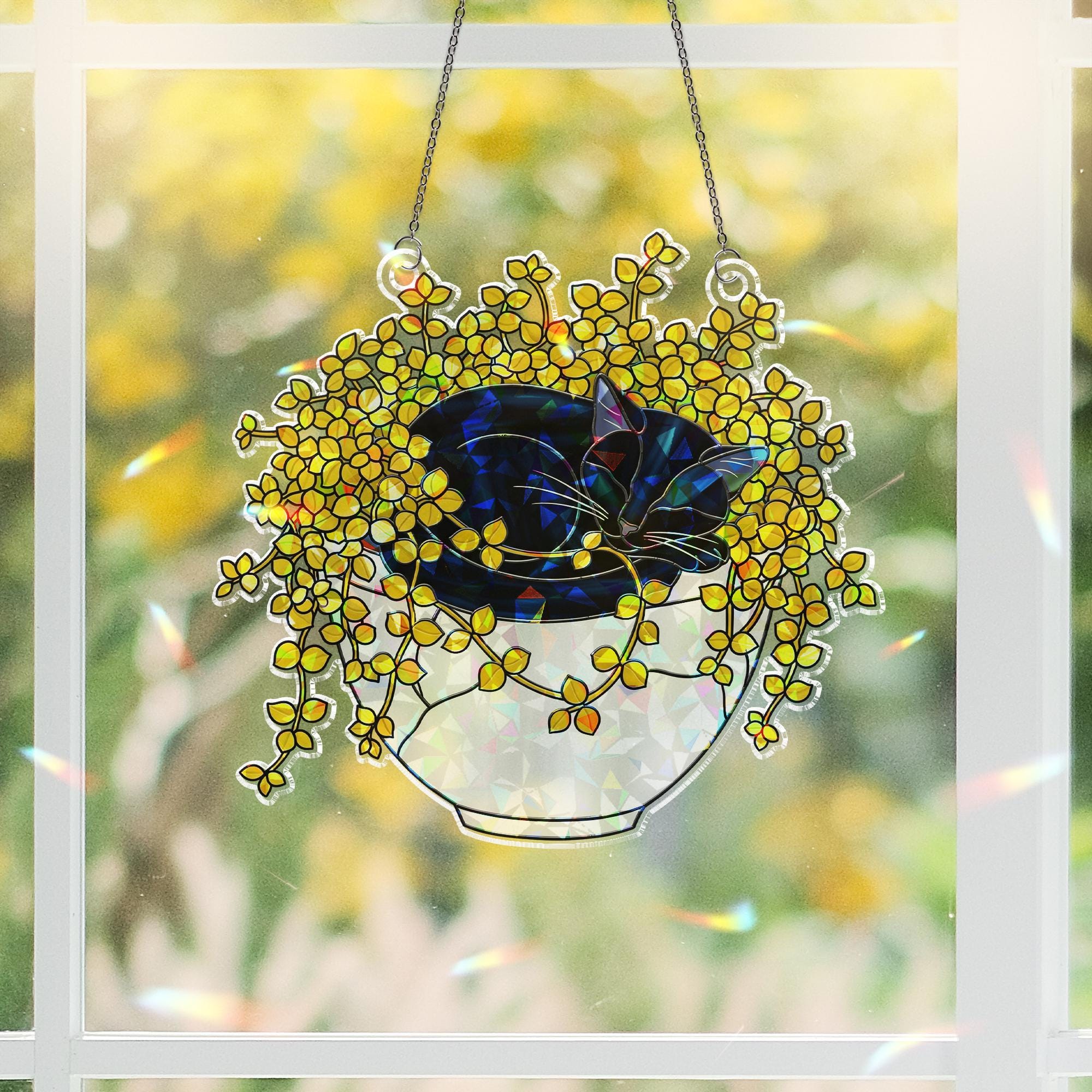 Gold Creeping Jenny Cat Suncatcher, Holographic Autumn Decor, Acrylic Window Hanging with Trailing Vines, Cozy Fall Plant Lover Gift