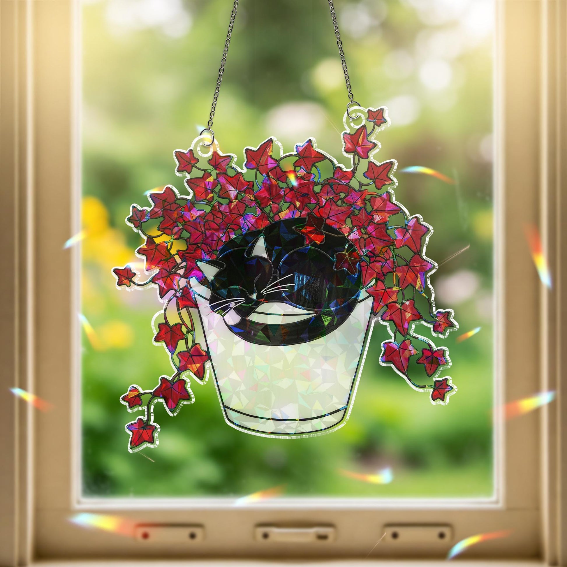 Boston Ivy Cat Suncatcher, Holographic Acrylic Plant Window Decor, Black Cat in Planter Hanging, Cozy Gift for Cat & Plant Lovers