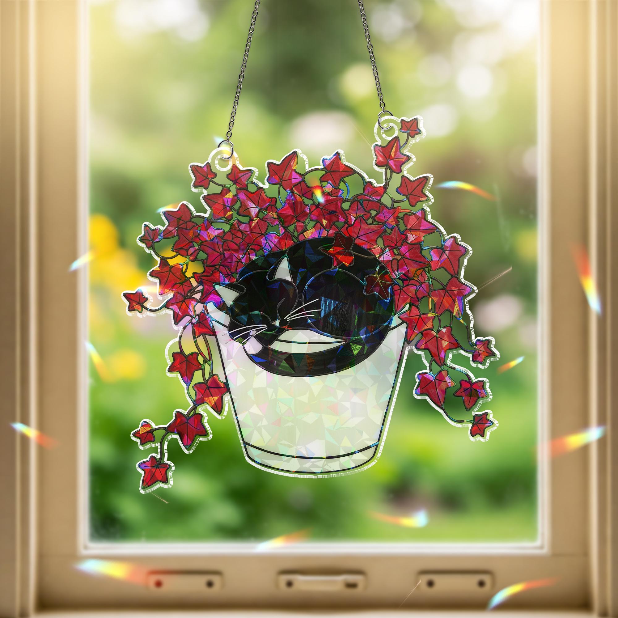 Boston Ivy Cat Suncatcher, Holographic Acrylic Plant Window Decor, Black Cat in Planter Hanging, Cozy Gift for Cat & Plant Lovers