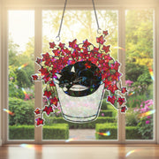 Boston Ivy Cat Suncatcher, Holographic Acrylic Plant Window Decor, Black Cat in Planter Hanging, Cozy Gift for Cat & Plant Lovers