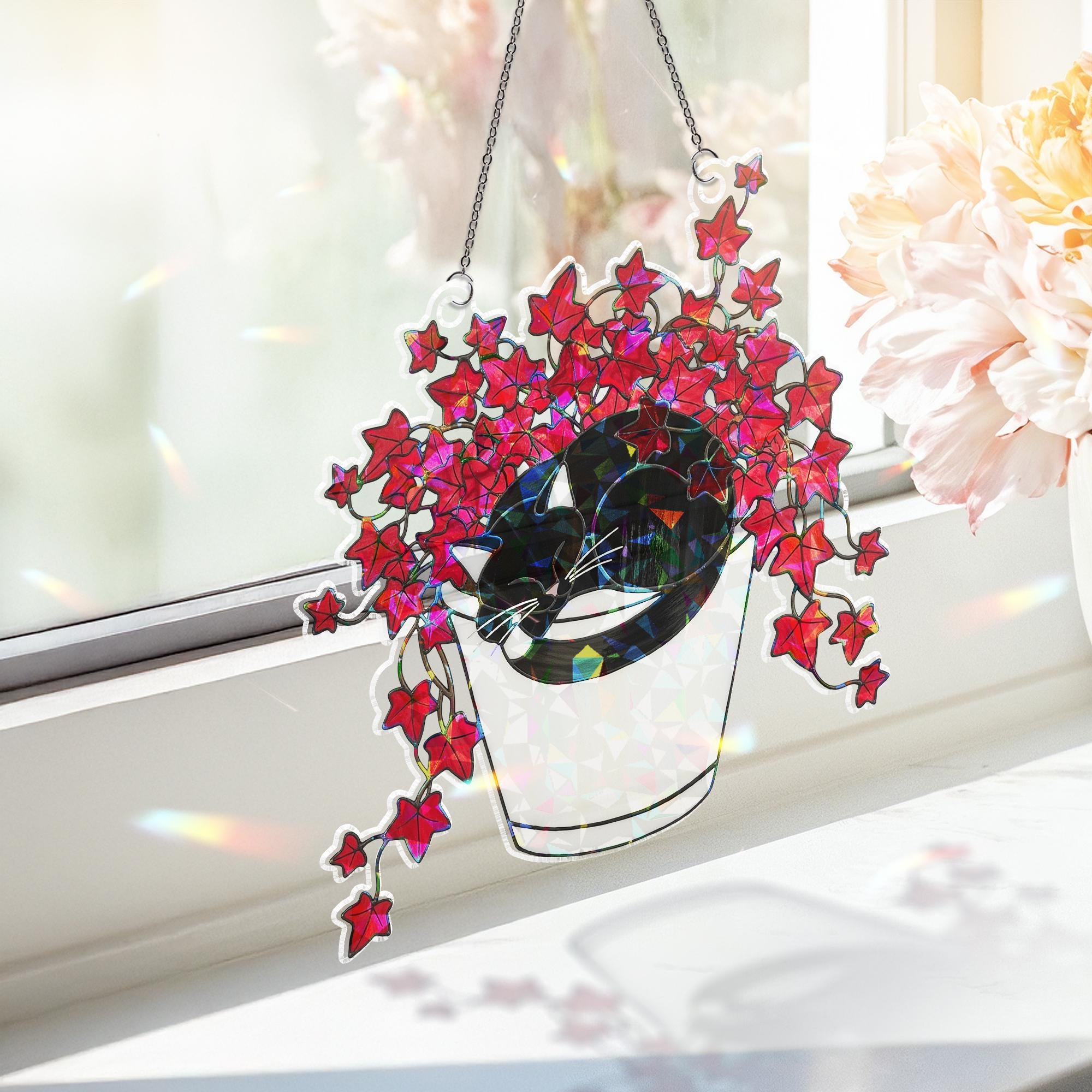 Boston Ivy Cat Suncatcher, Holographic Acrylic Plant Window Decor, Black Cat in Planter Hanging, Cozy Gift for Cat & Plant Lovers