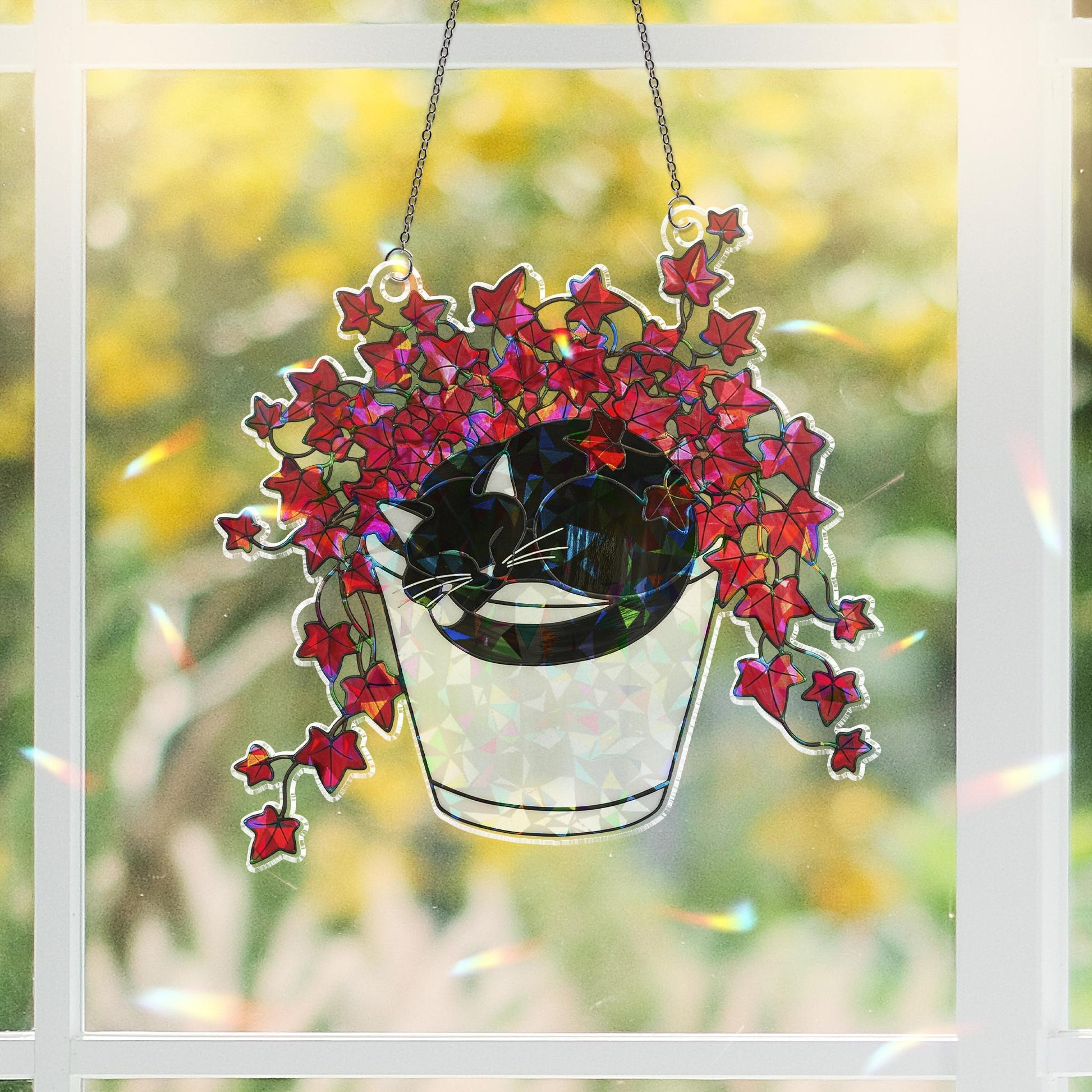 Boston Ivy Cat Suncatcher, Holographic Acrylic Plant Window Decor, Black Cat in Planter Hanging, Cozy Gift for Cat & Plant Lovers