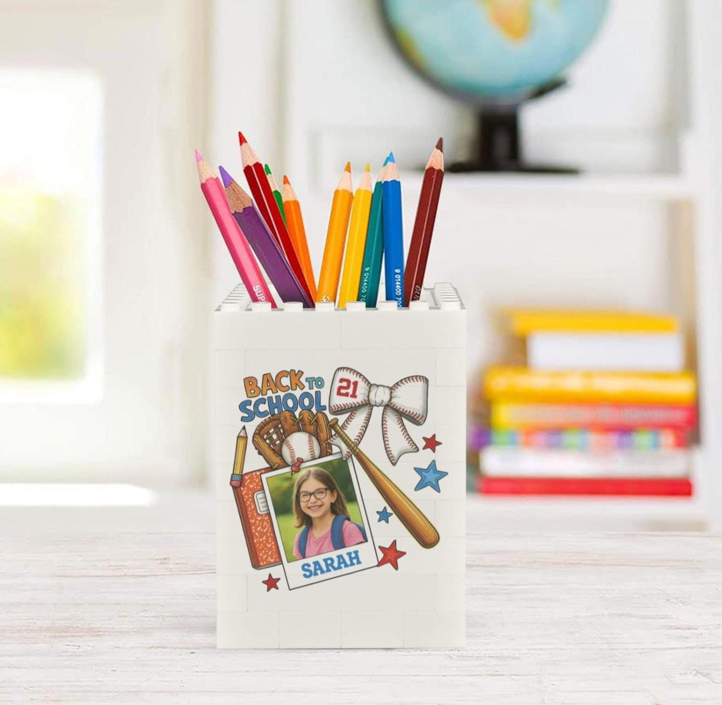 Custom Photo Baseball Pencil Holder, Kid First Day of School Keepsake, Brick Pen Organizer, Personalized Desk Gift for Baseball Lovers