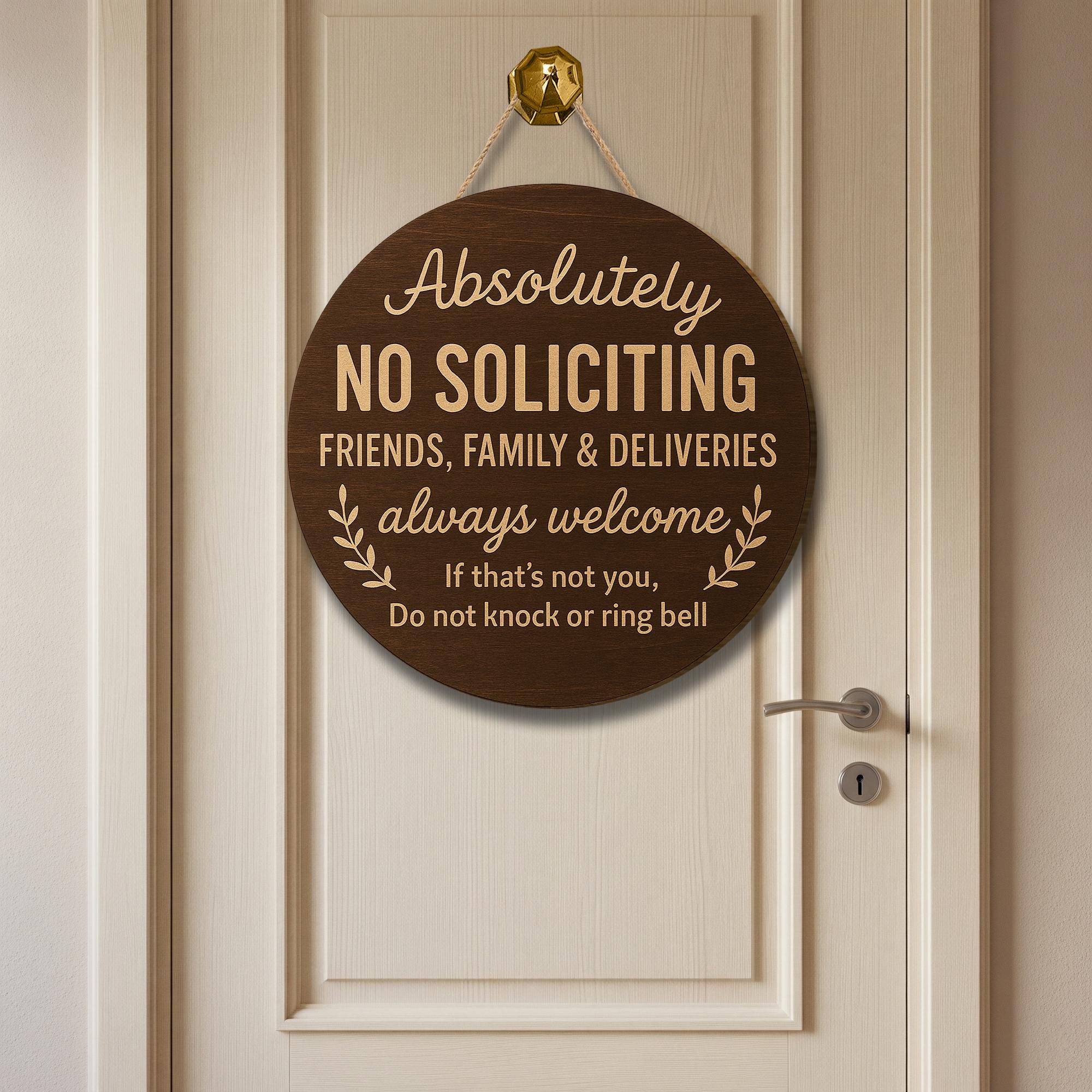 Absolutely No Soliciting Door Sign, Rustic Round Entryway Sign, Friends & Deliveries Welcome, Do Not Knock Wood Front Door Decor