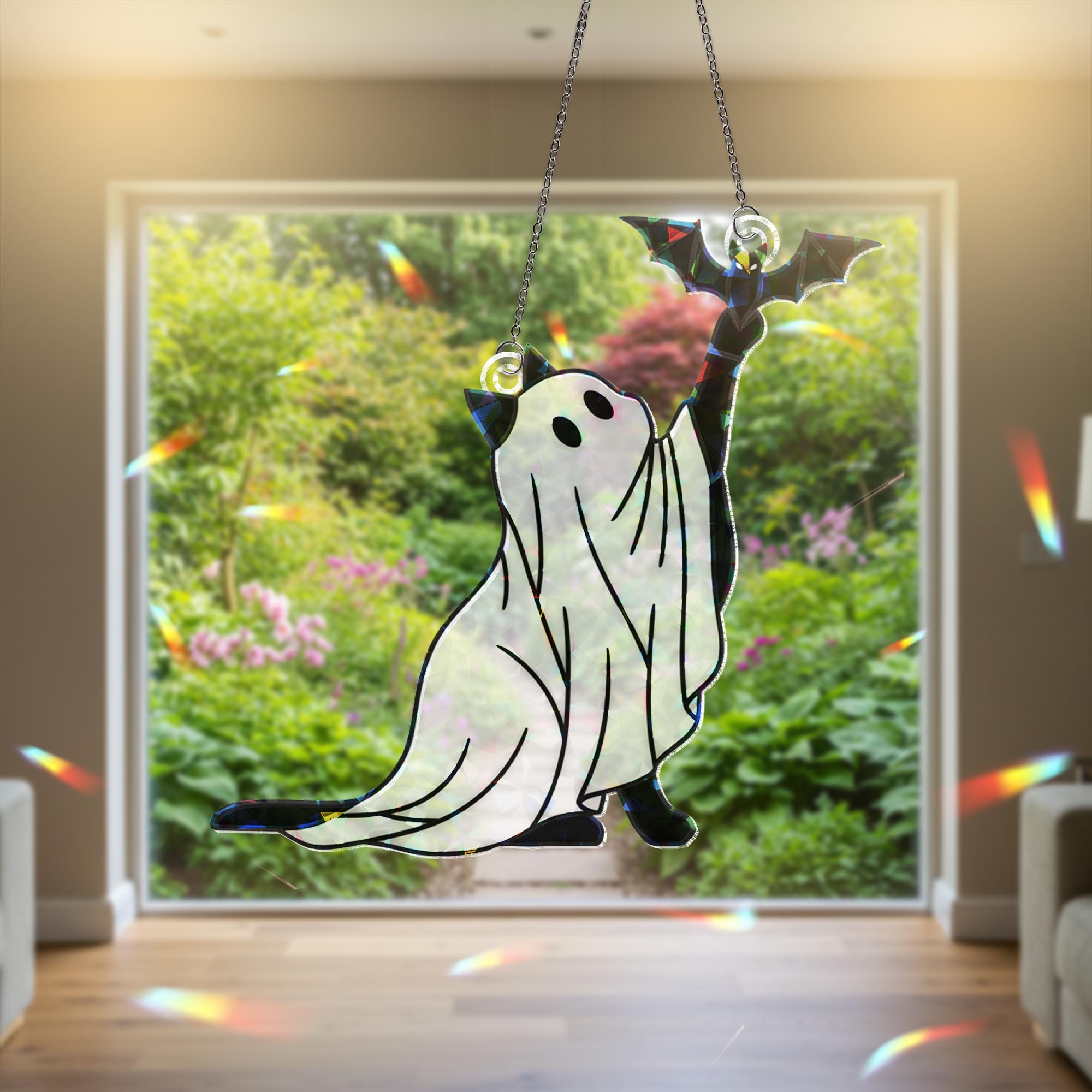 Holographic Ghost Cat ACrylic Suncatcher, Halloween Cat Window Decor, Cute Spooky Kitten Ornament, Bat and Cat Hanging Decoration