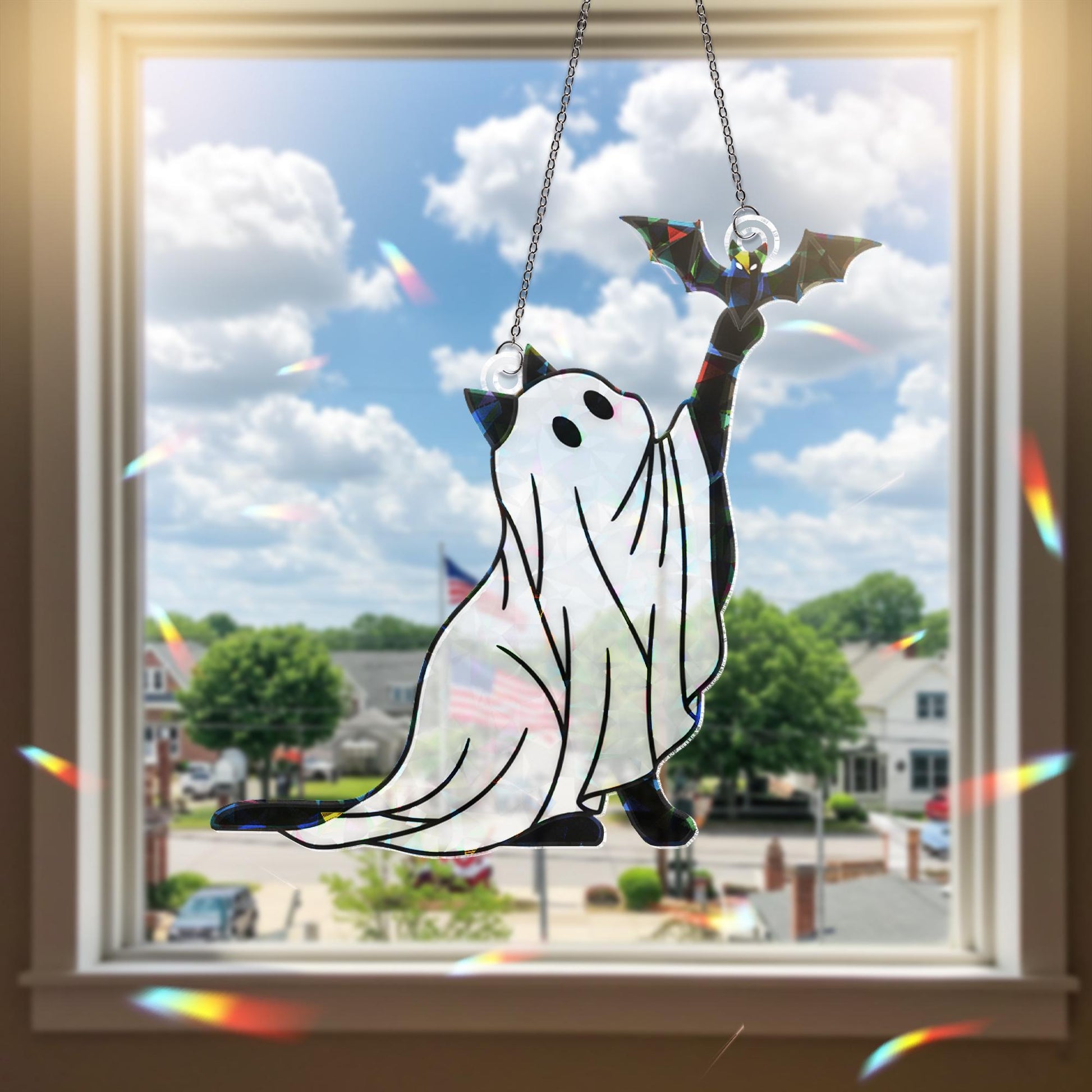 Holographic Ghost Cat ACrylic Suncatcher, Halloween Cat Window Decor, Cute Spooky Kitten Ornament, Bat and Cat Hanging Decoration