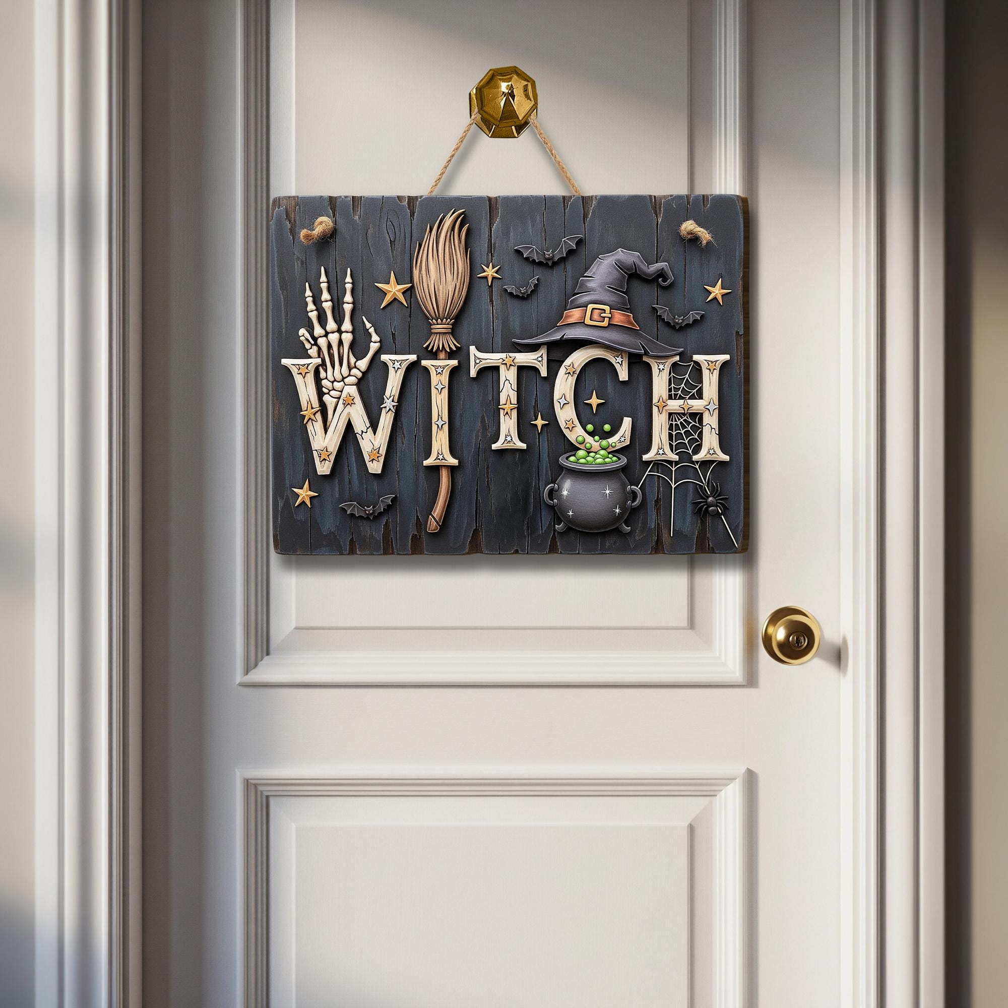 WITCH Halloween Wooden Sign – Rustic Witch Decor for Door or Wall – Spooky Cauldron and Broom Fall Sign