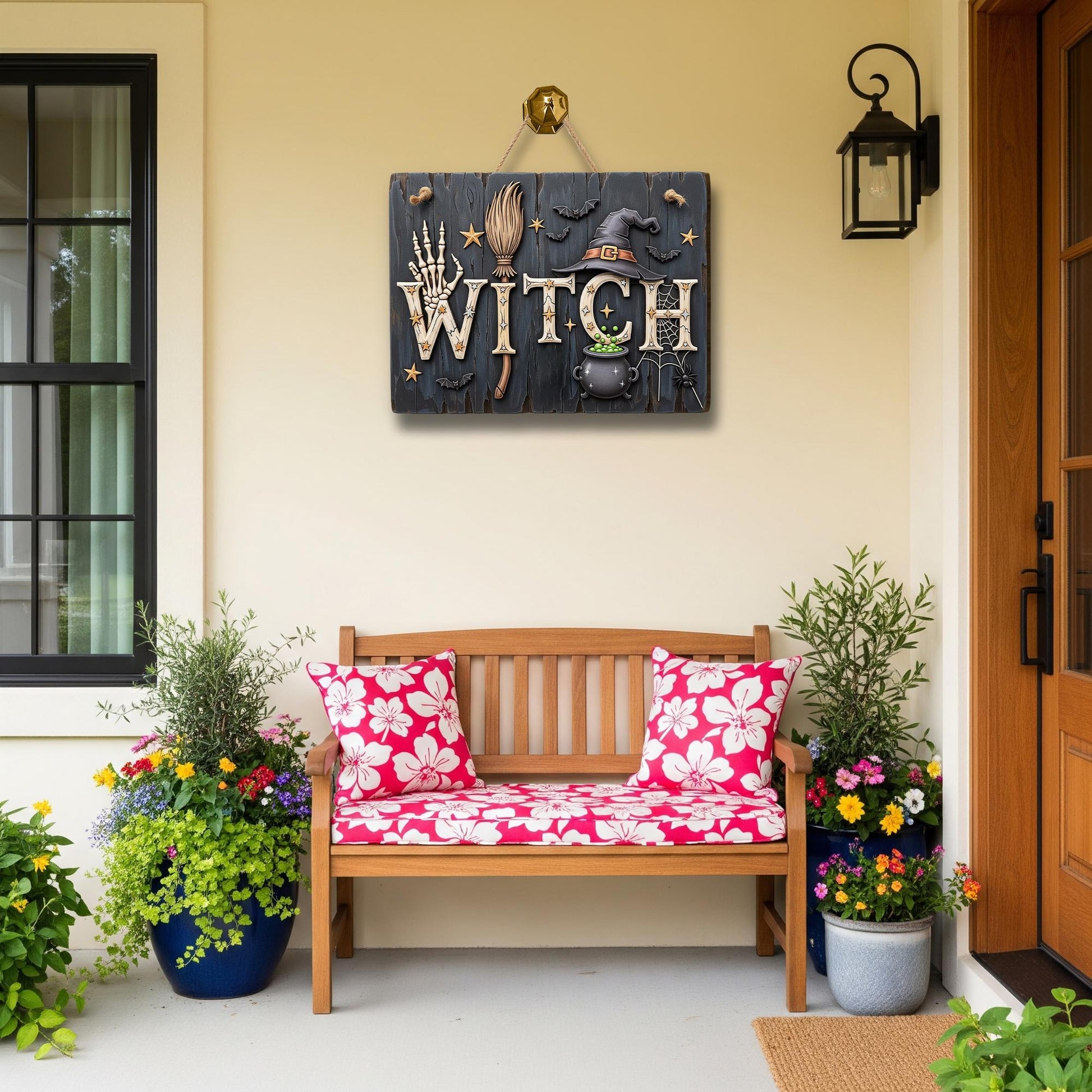 WITCH Halloween Wooden Sign – Rustic Witch Decor for Door or Wall – Spooky Cauldron and Broom Fall Sign