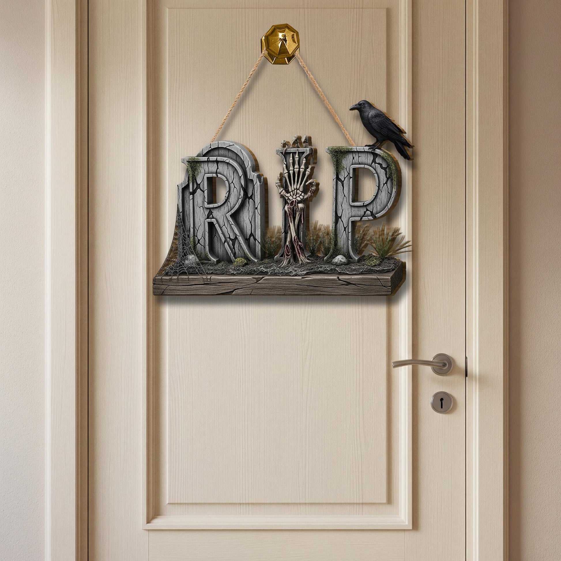 RIP Halloween Door Sign – Gothic Skeleton Hand Raven Wall Decor – Spooky Graveyard Wooden Sign