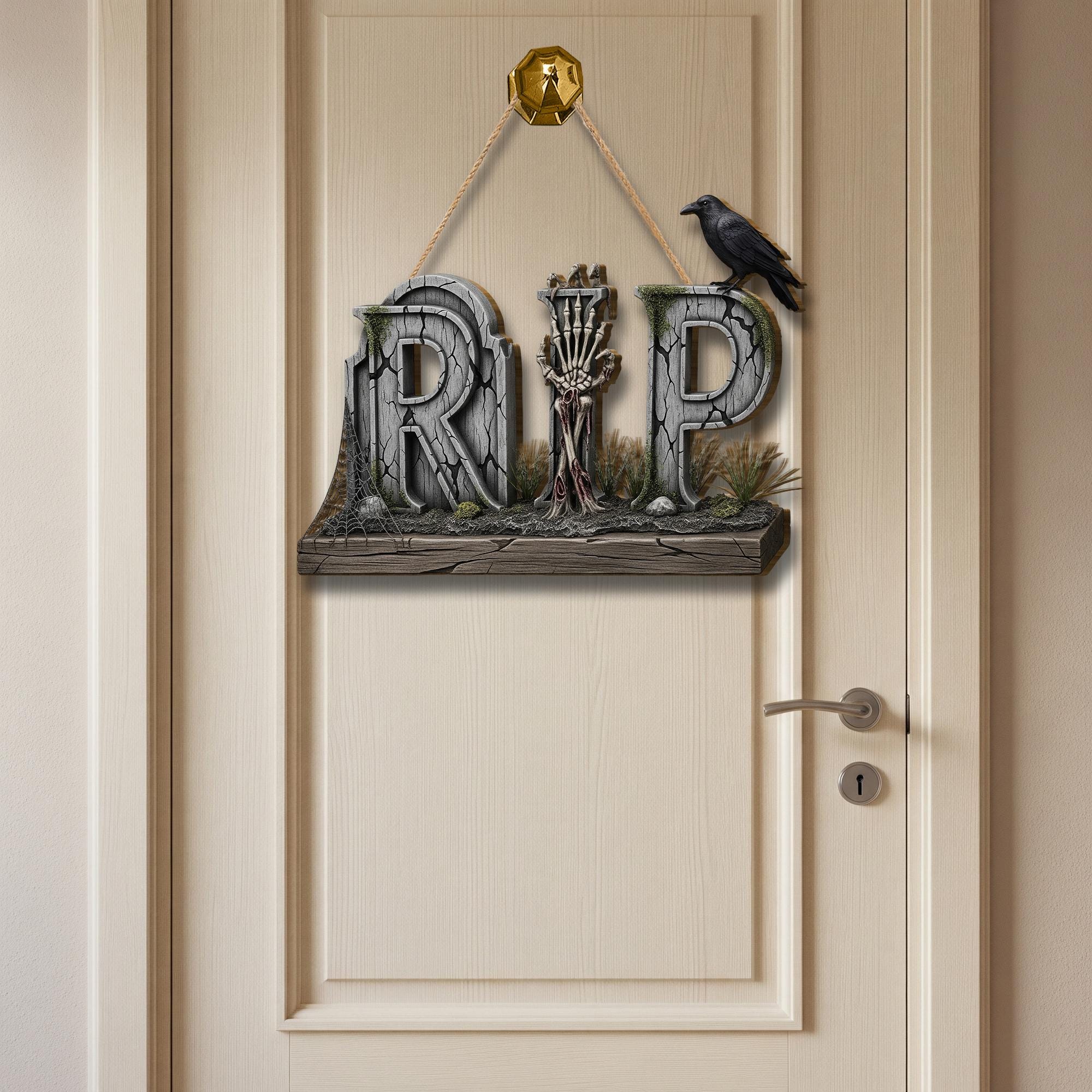 RIP Halloween Door Sign – Gothic Skeleton Hand Raven Wall Decor – Spooky Graveyard Wooden Sign