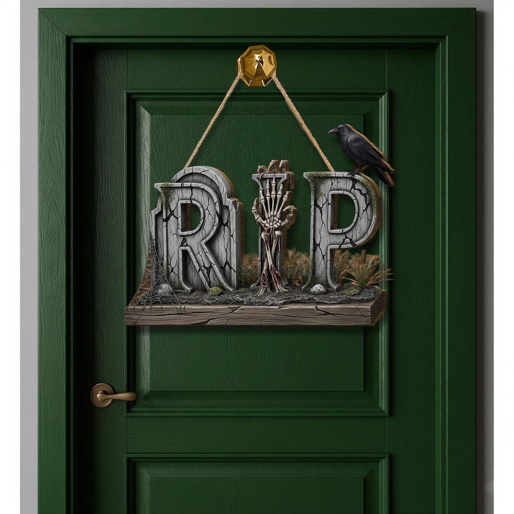 RIP Halloween Door Sign – Gothic Skeleton Hand Raven Wall Decor – Spooky Graveyard Wooden Sign