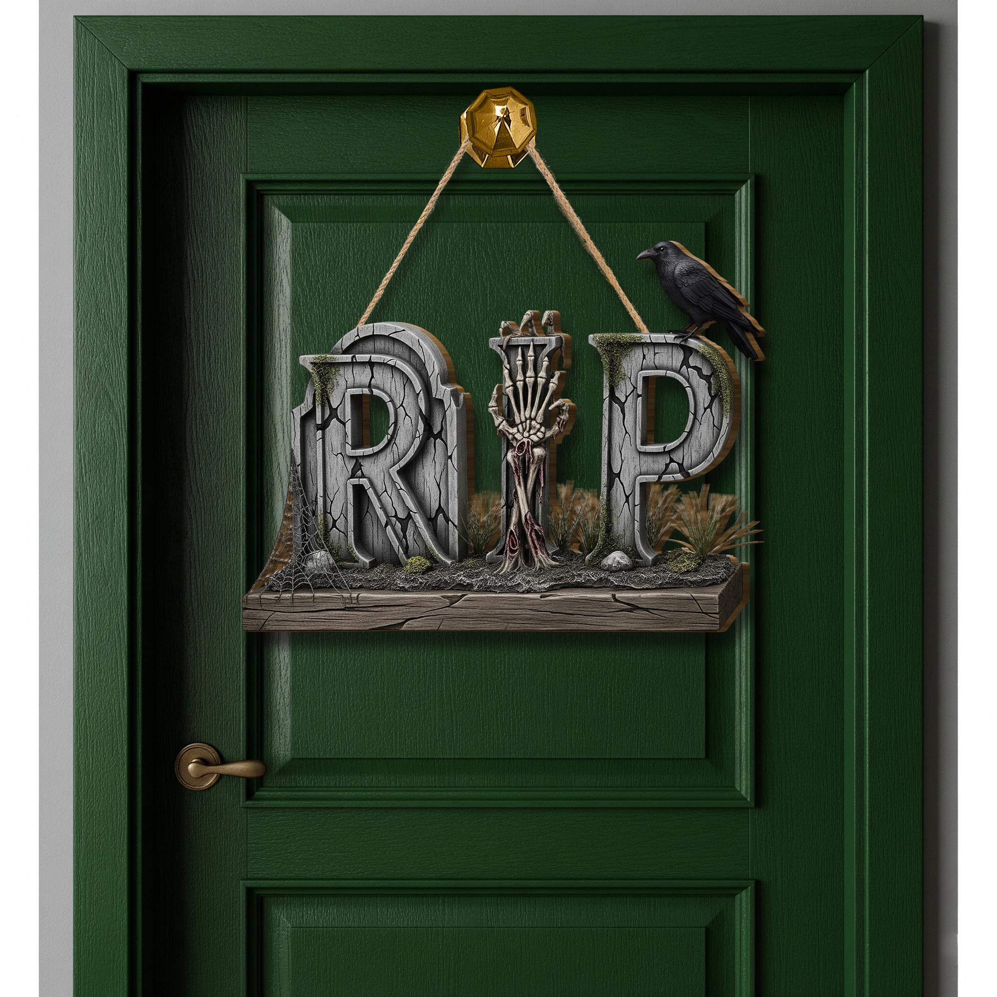 RIP Halloween Door Sign – Gothic Skeleton Hand Raven Wall Decor – Spooky Graveyard Wooden Sign