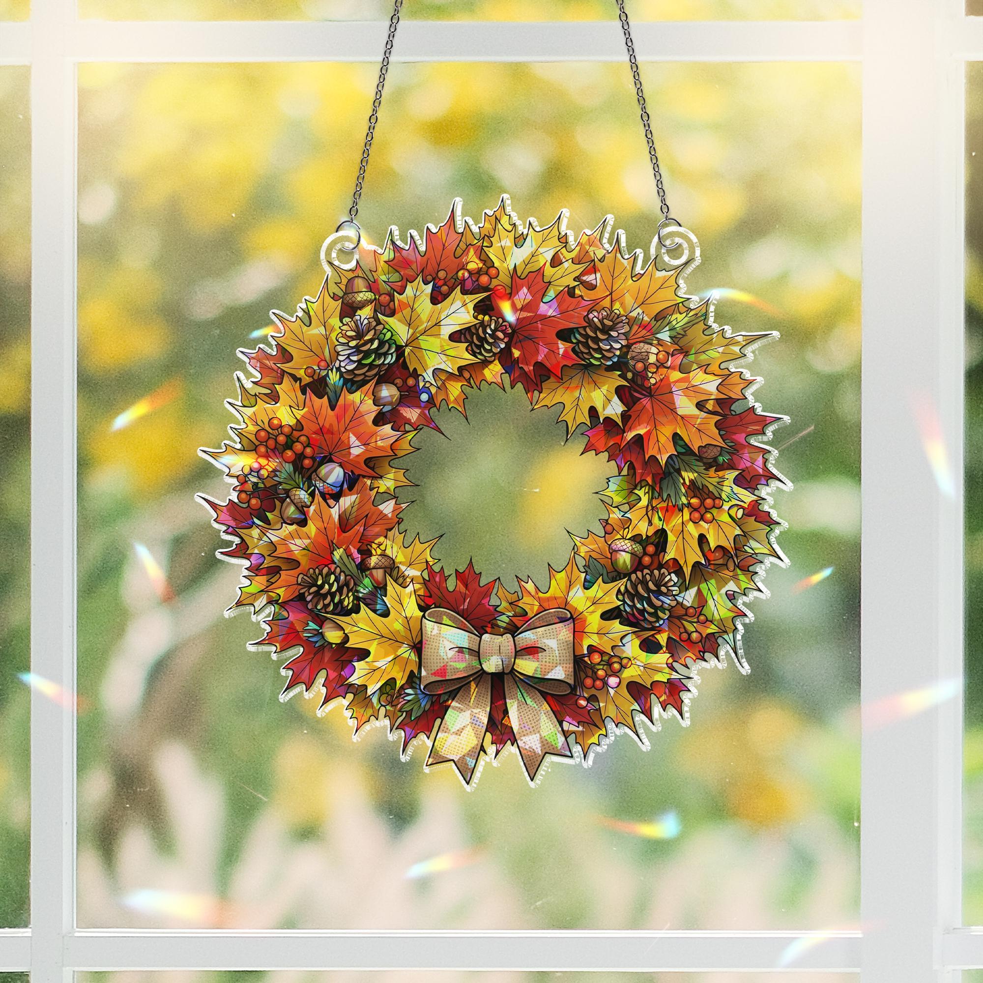 Fall Maple Leaf Wreath – Autumn Window Hanging with Bow – Pinecone Acorn Door Decor