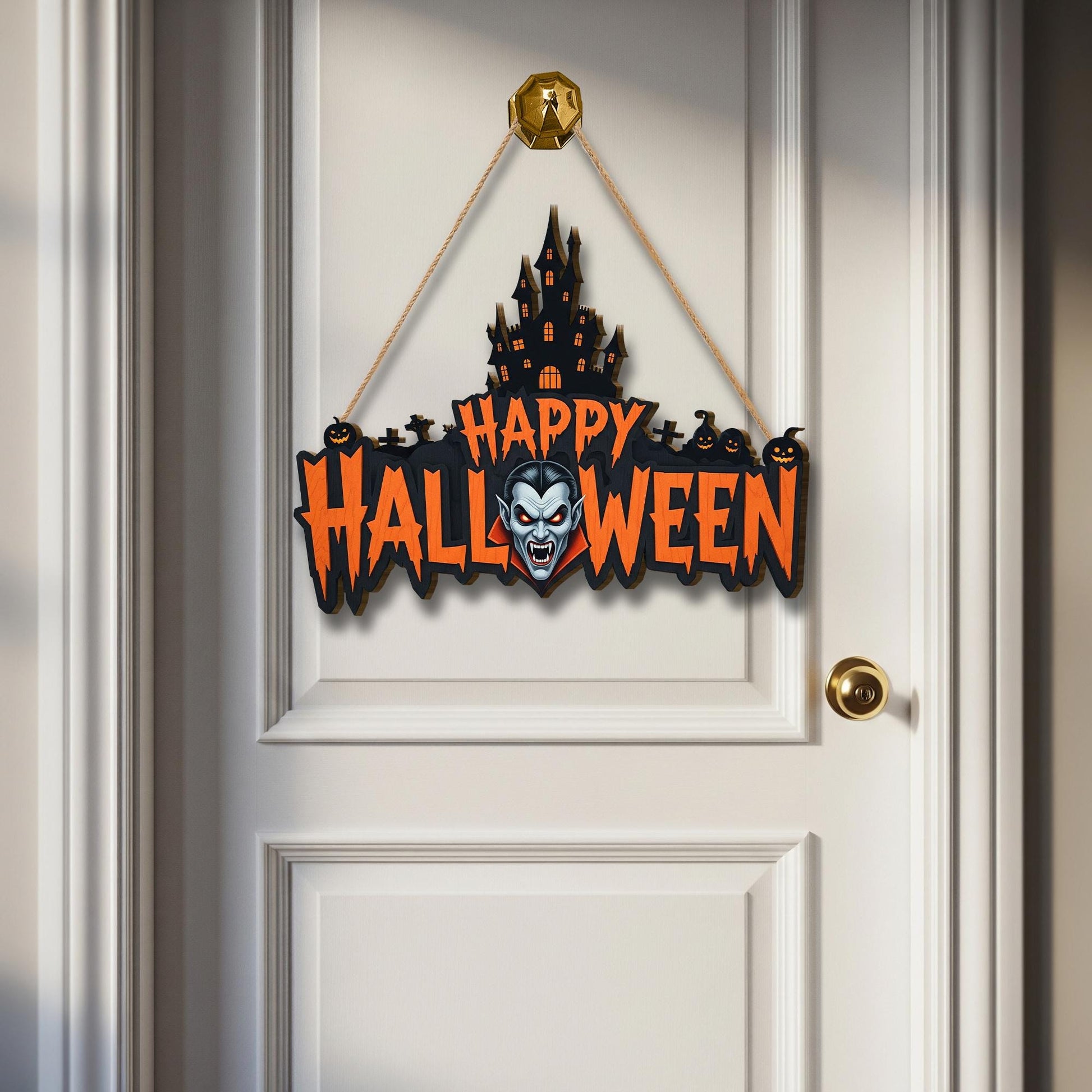 Vampire Halloween Door Sign – Scary Happy Halloween Wall Decor with Haunted Castle