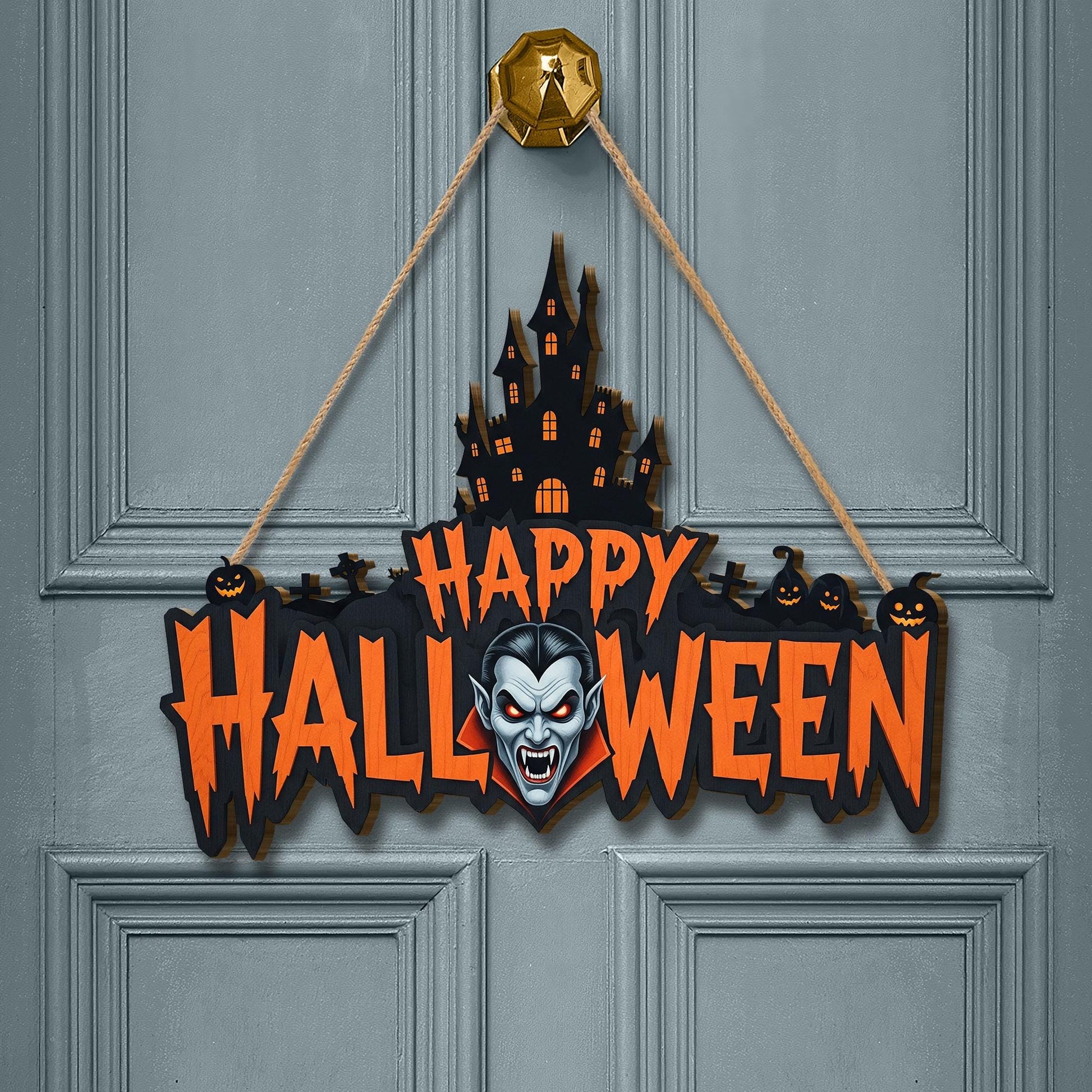 Vampire Halloween Door Sign – Scary Happy Halloween Wall Decor with Haunted Castle