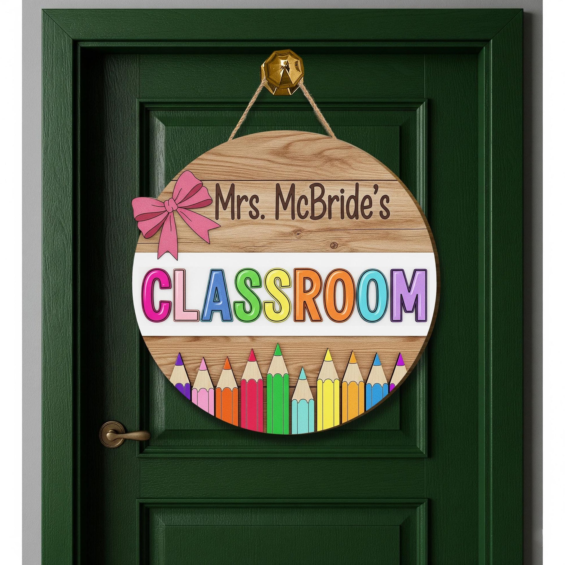 Personalized Teacher Classroom Door Sign – Wood Hanger with Rainbow Pencils & Bow – Custom Name Back to School Decor, Classroom Wall Decor