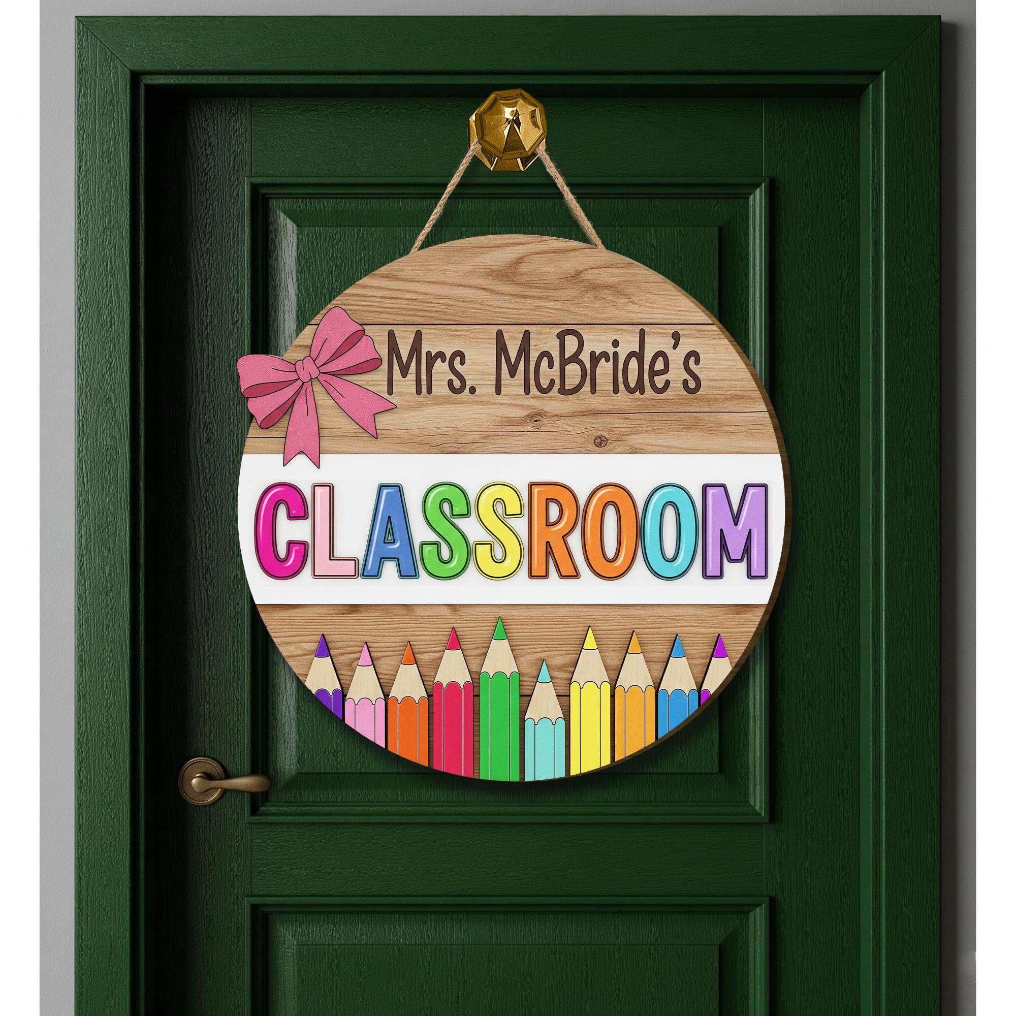 Personalized Teacher Classroom Door Sign – Wood Hanger with Rainbow Pencils & Bow – Custom Name Back to School Decor, Classroom Wall Decor