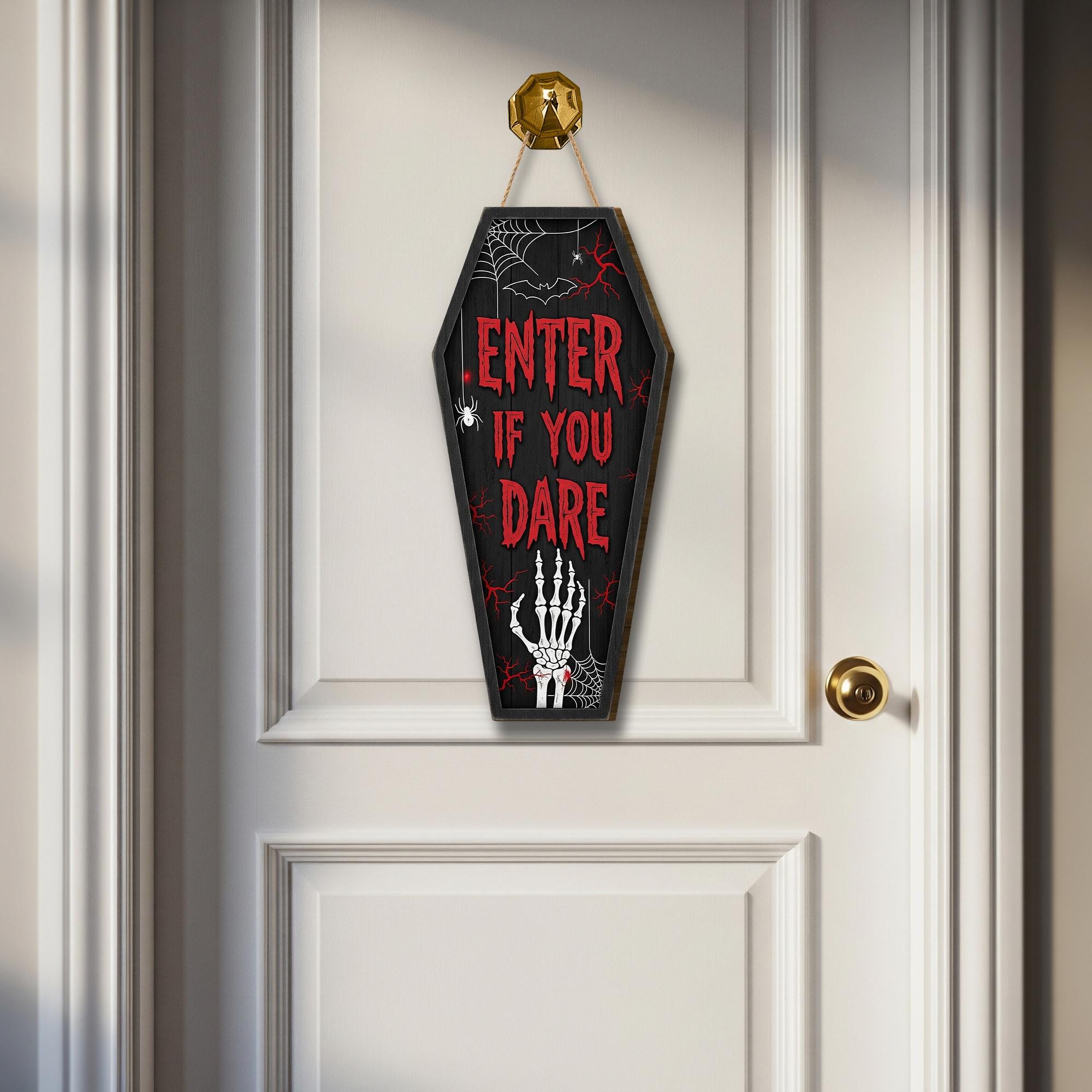 Halloween Coffin Door Sign – Enter If You Dare Skeleton Wall Hanging – Spooky Halloween Decor