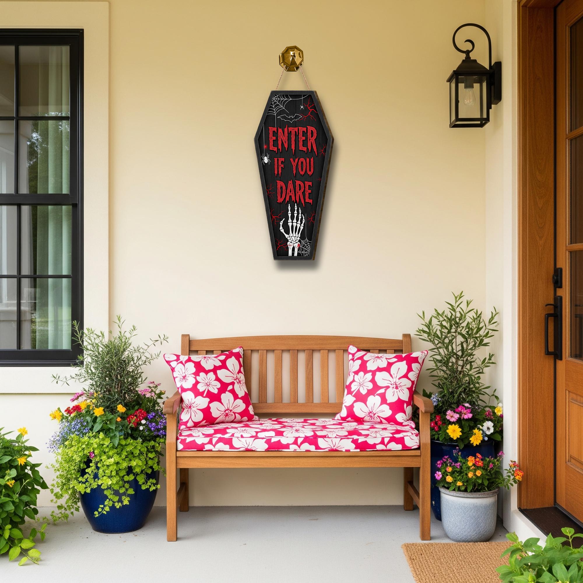 Halloween Coffin Door Sign – Enter If You Dare Skeleton Wall Hanging – Spooky Halloween Decor