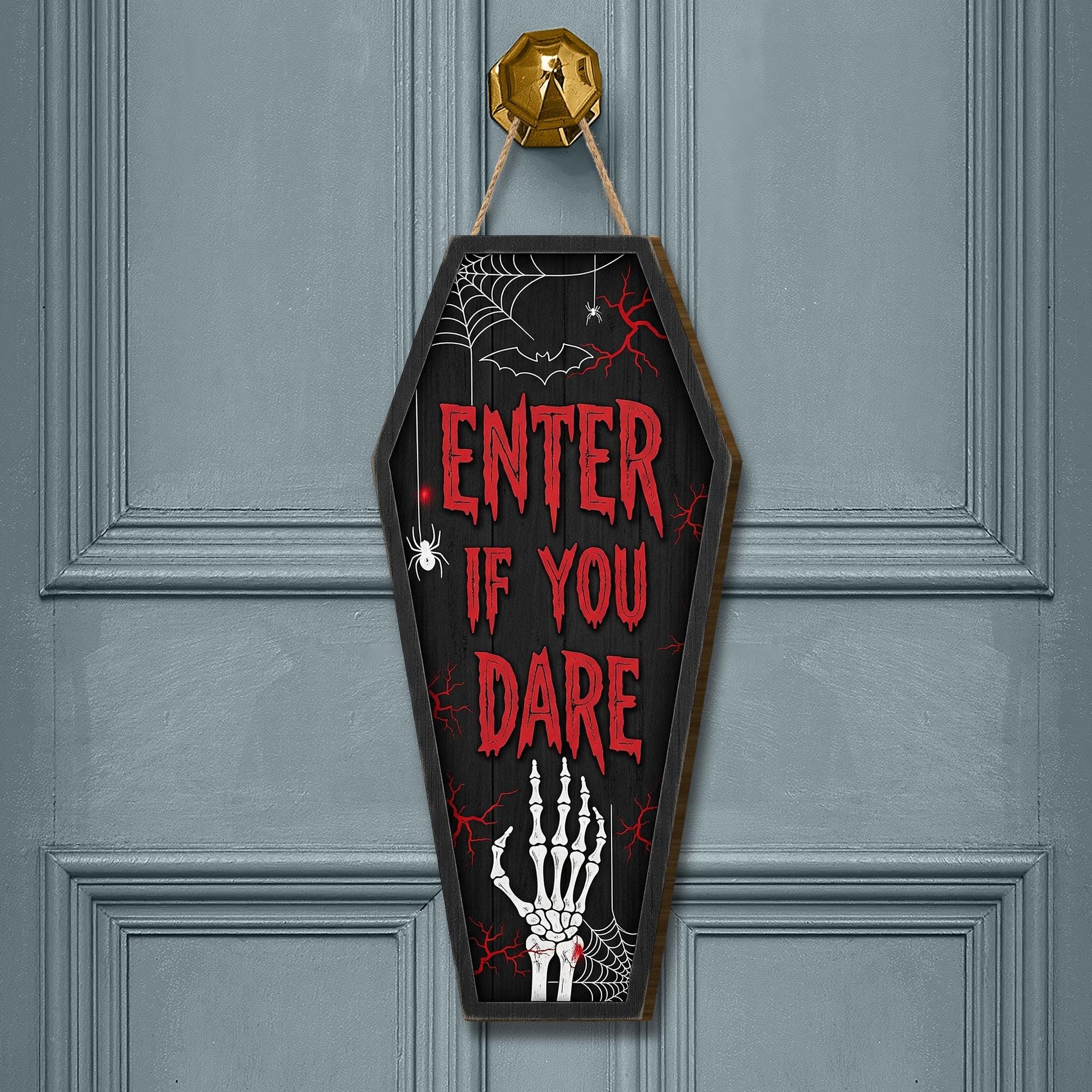 Halloween Coffin Door Sign – Enter If You Dare Skeleton Wall Hanging – Spooky Halloween Decor