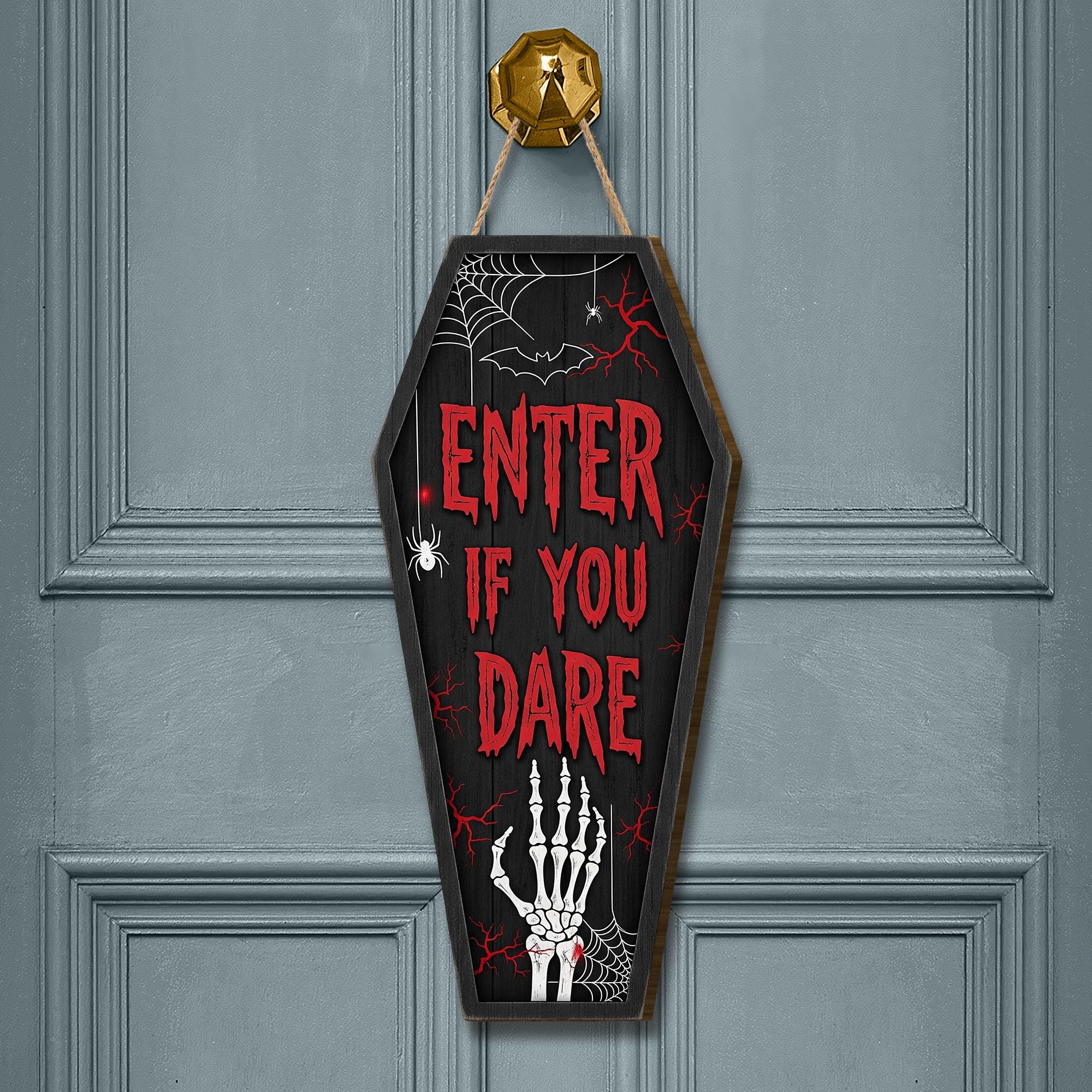 Halloween Coffin Door Sign – Enter If You Dare Skeleton Wall Hanging – Spooky Halloween Decor