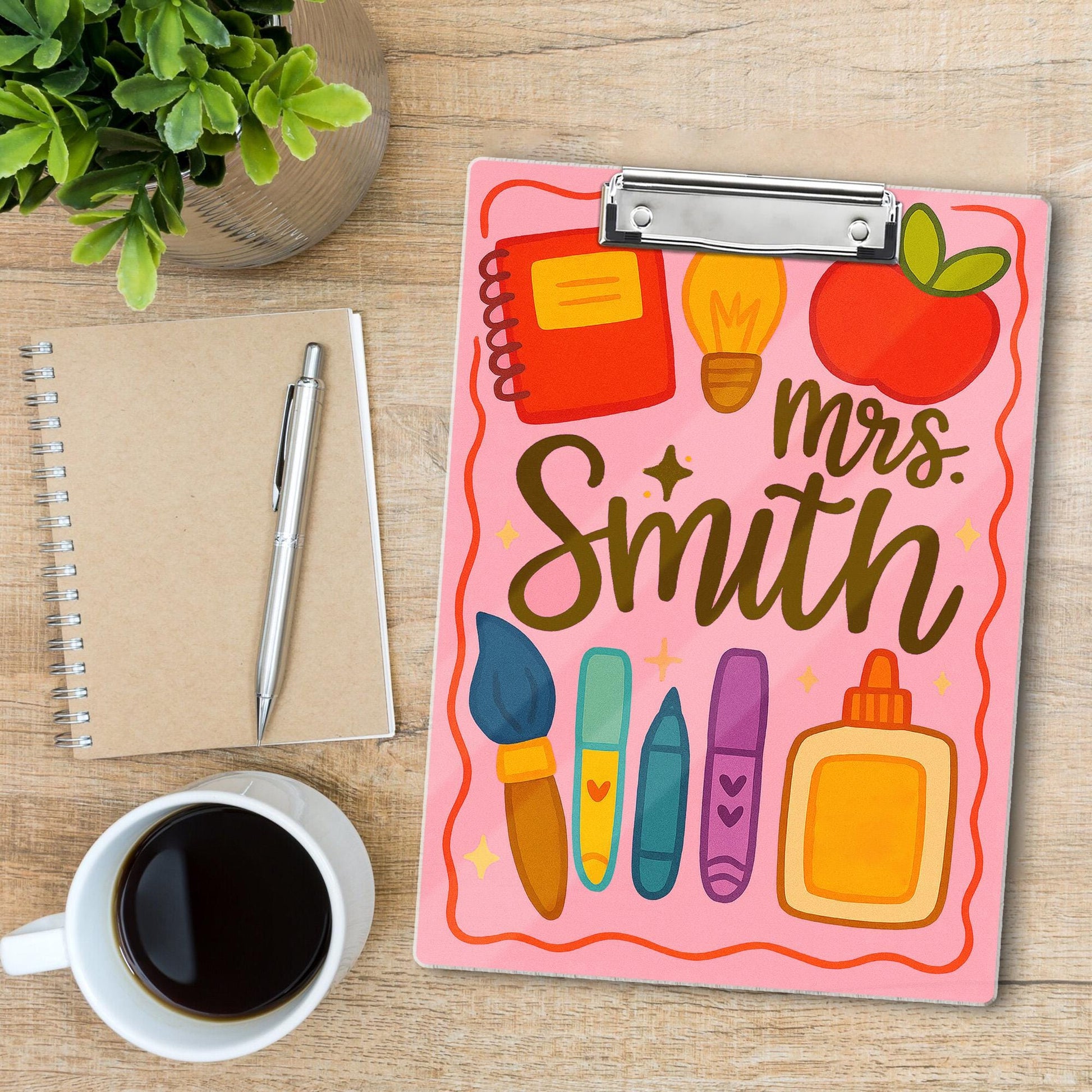 Personalized Teacher Clipboard – Custom Name with Cute School Supplies Design – Back to School Gift for Teachers, Educators, School Staffs