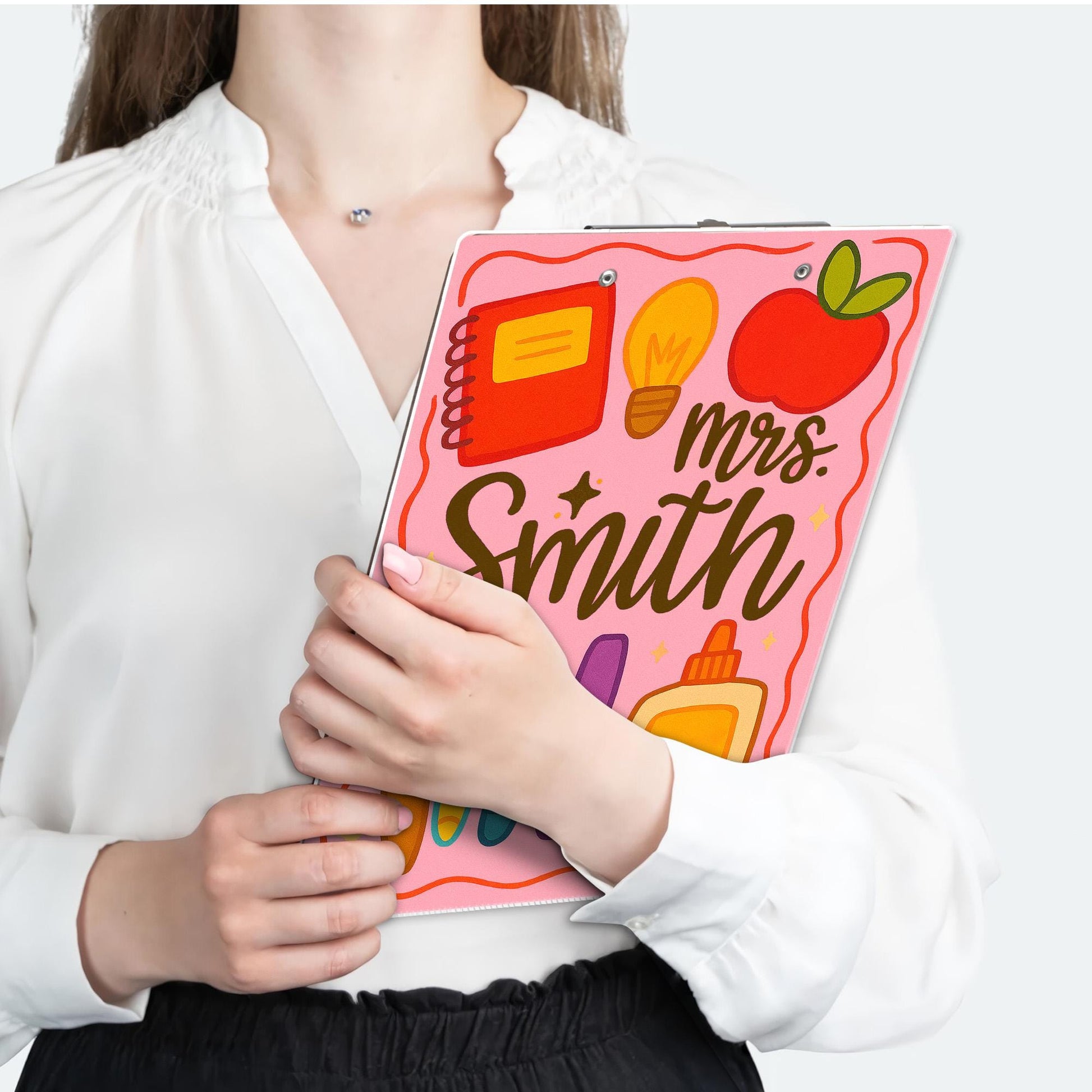 Personalized Teacher Clipboard – Custom Name with Cute School Supplies Design – Back to School Gift for Teachers, Educators, School Staffs