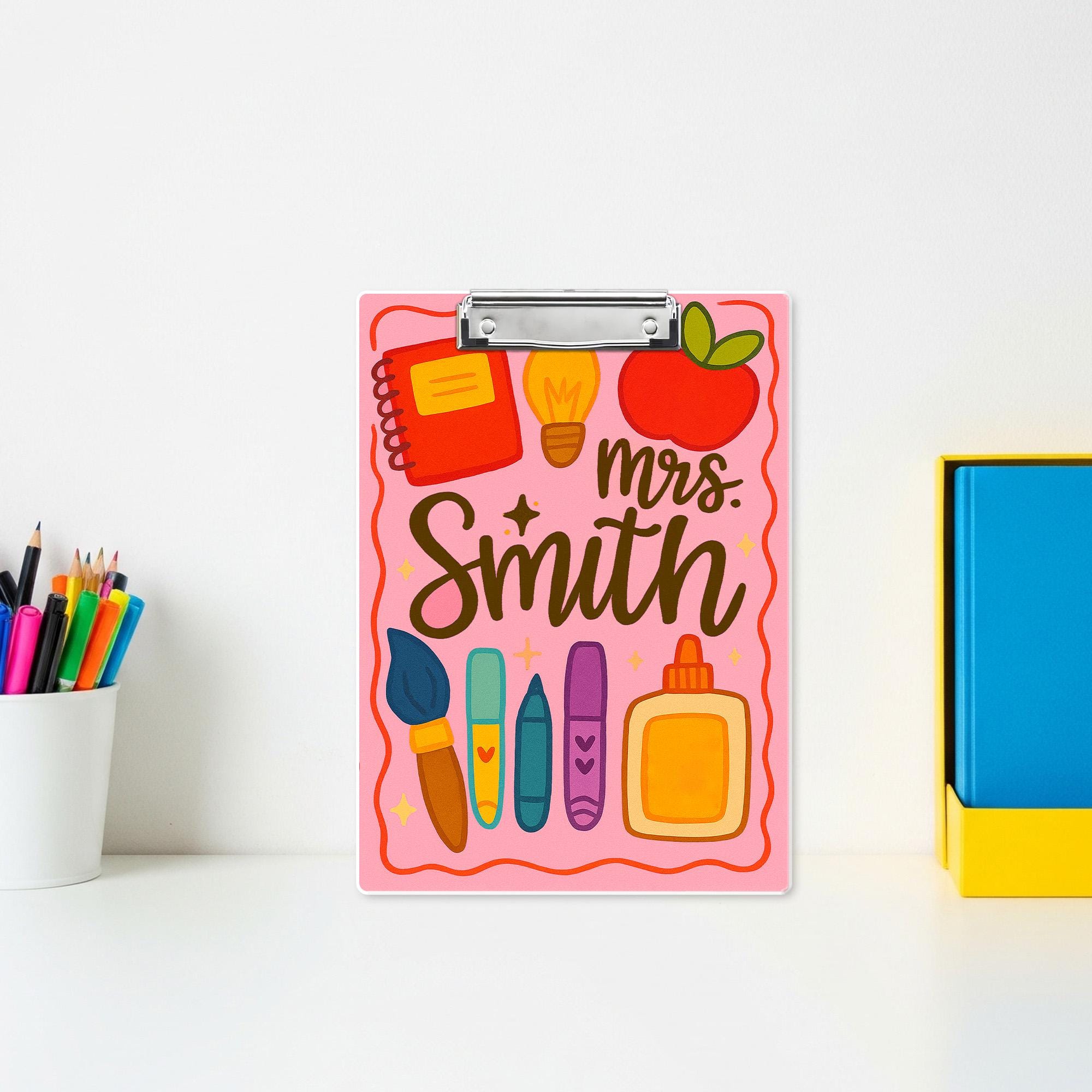 Personalized Teacher Clipboard – Custom Name with Cute School Supplies Design – Back to School Gift for Teachers, Educators, School Staffs