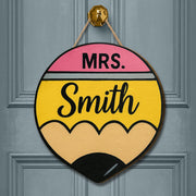 Personalized Teacher Pencil Sign, Custom Classroom Door Hanger, Back to School Gift, Teacher Name Wooden Decor, Retro Welcome Sign