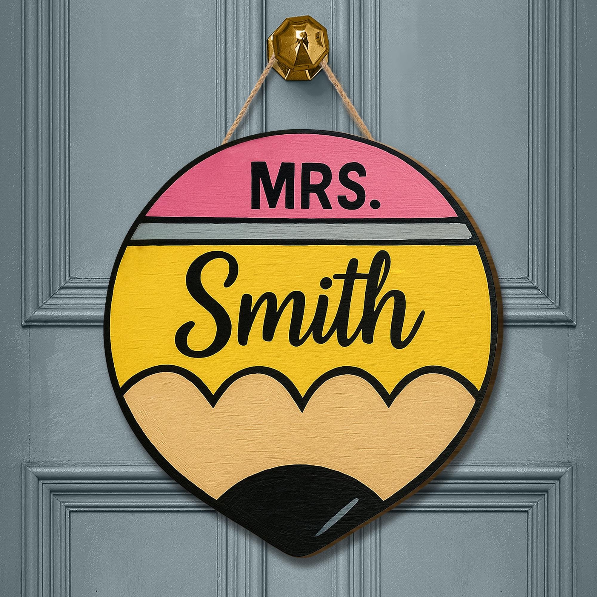 Personalized Teacher Pencil Sign, Custom Classroom Door Hanger, Back to School Gift, Teacher Name Wooden Decor, Retro Welcome Sign