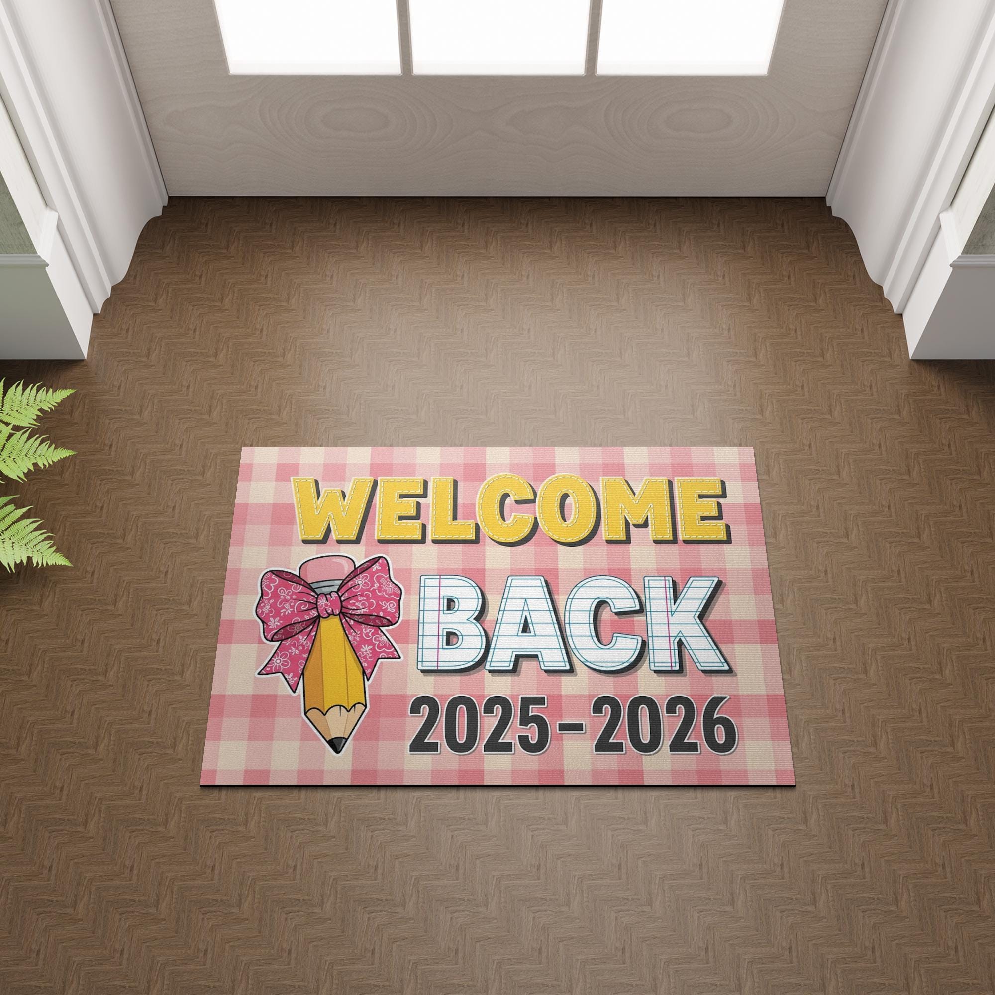 Welcome Back Doormat 2025-2026, Back to School Rug, Teacher Classroom Mat, First Day of School Decor, Gingham Pencil Door Mat